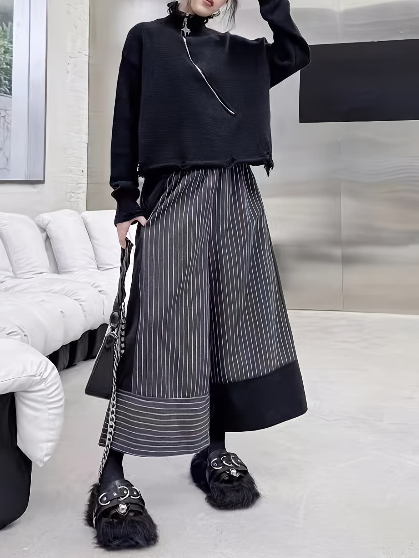 【ストライプ切替】 ワイドパンツ レディース ガウチョパンツ 秋冬 九分丈 Aライン ツイード風 ウールライク 裾切替 ハイウエスト ウエストゴム ズボン ボトムス ロングパンツ スカーチョ 体型カバー 着痩せ 細見え 美脚 脚長 楽ちん 暖かい 通勤 オフィス OL ママ