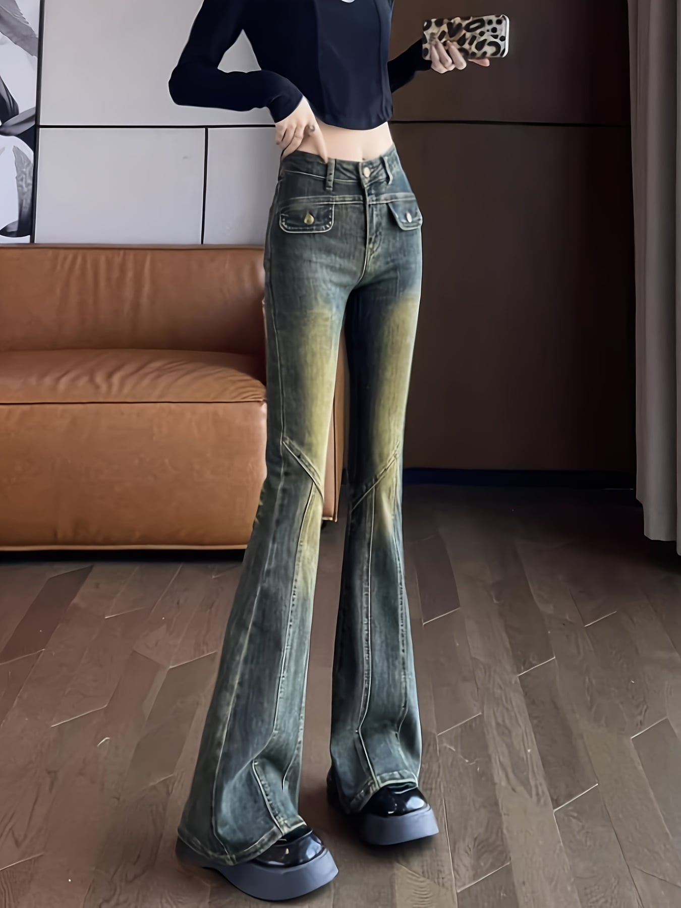 【美脚脚長】デニムパンツ レディース ブーツカット ベルボトム ジーンズ ジーパン ハイウエスト ウォッシュ加工 ヴィンテージ風 ストレッチ 伸縮性 センターシーム 切り替え デザイン ズボン カジュアル ストリート 韓国ファッション 着痩せ 細見え 体型カバー 春 夏