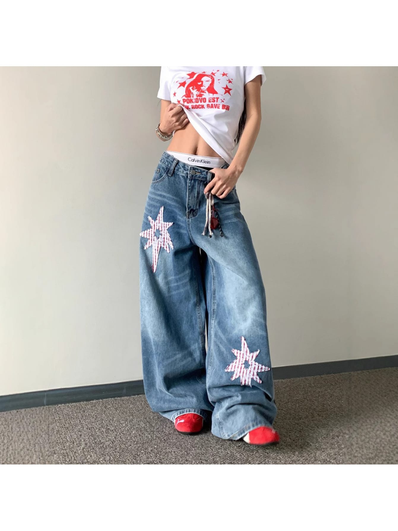 【星柄パッチ】 デニム ワイドパンツ レディース ジーンズ ハイウエスト バギーパンツ ジーパン ボトムス ズボン ロング丈 星 ワッペン パッチワーク リメイク風 ストリート系 韓国 ファッション Y2K ダンス ヒップホップ 衣装 体型カバー 脚長 美脚 着痩せ ゆったり
