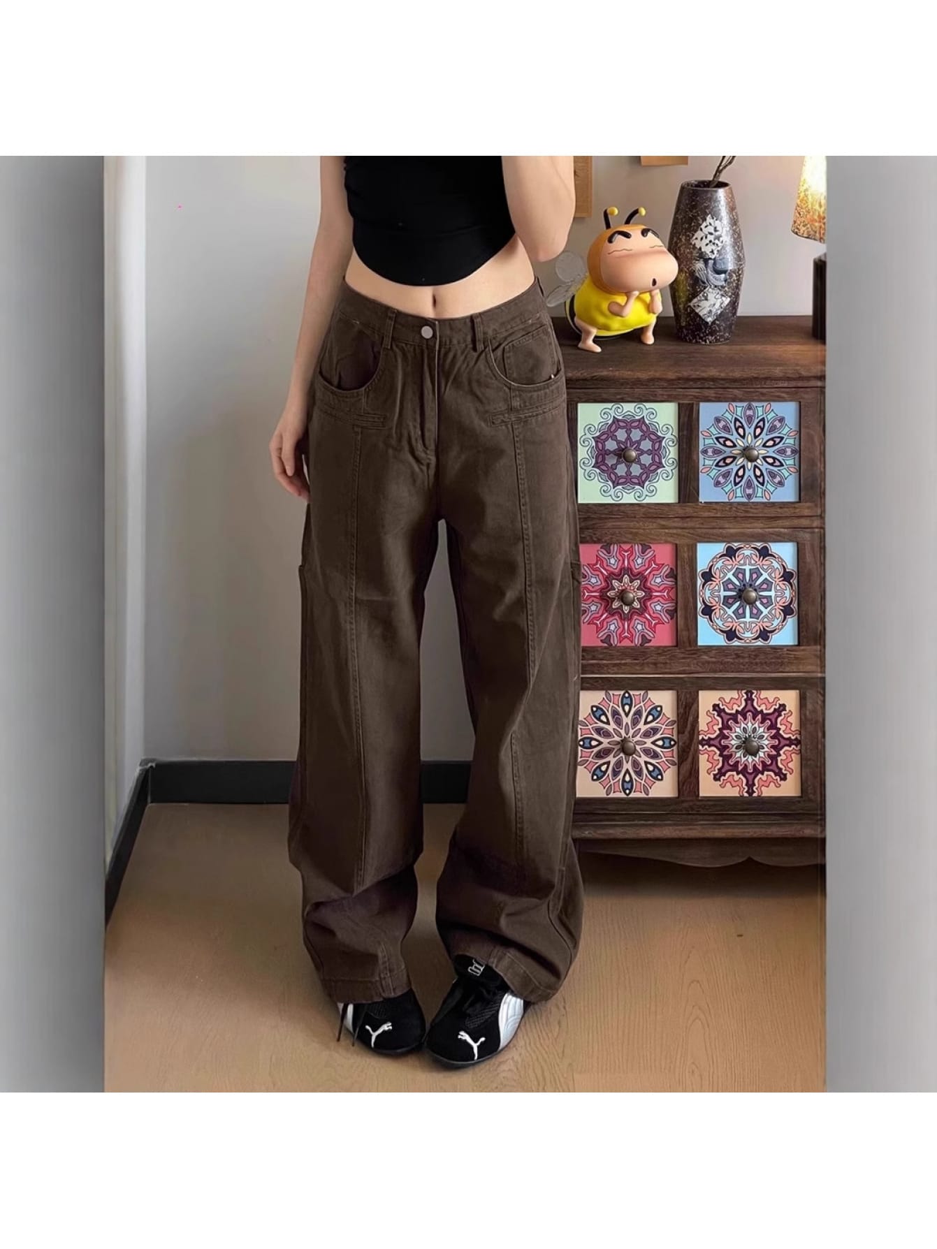 【美脚効果】ワイドパンツ デニム カーゴパンツ ジーンズ ストレート ワークパンツ ズボン ボトムス カジュアル ストリート ヴィンテージ風 韓国ファッション センターライン 切り替え 体型カバー 着痩せ 脚長 美脚 ゆったり 春夏秋冬 ブラウン 茶色 モカ ローウエスト