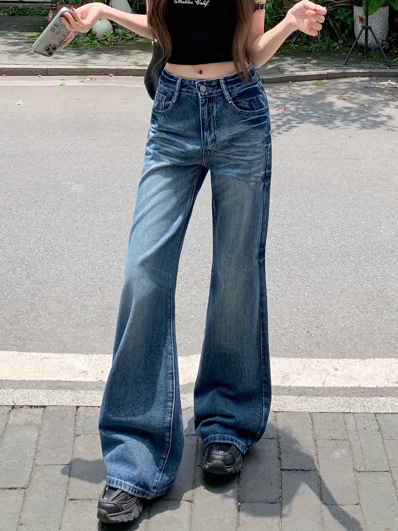 【美脚効果】デニム パンツ レディース ジーンズ ジーパン ズボン ワイドパンツ ロングパンツ ベルボトム バギーパンツ ヴィンテージ風 ウォッシュ加工 色落ち ストレート ローライズ ゆったり 体型カバー 着痩せ 脚長 細見え カジュアル ストリート 韓国ファッション