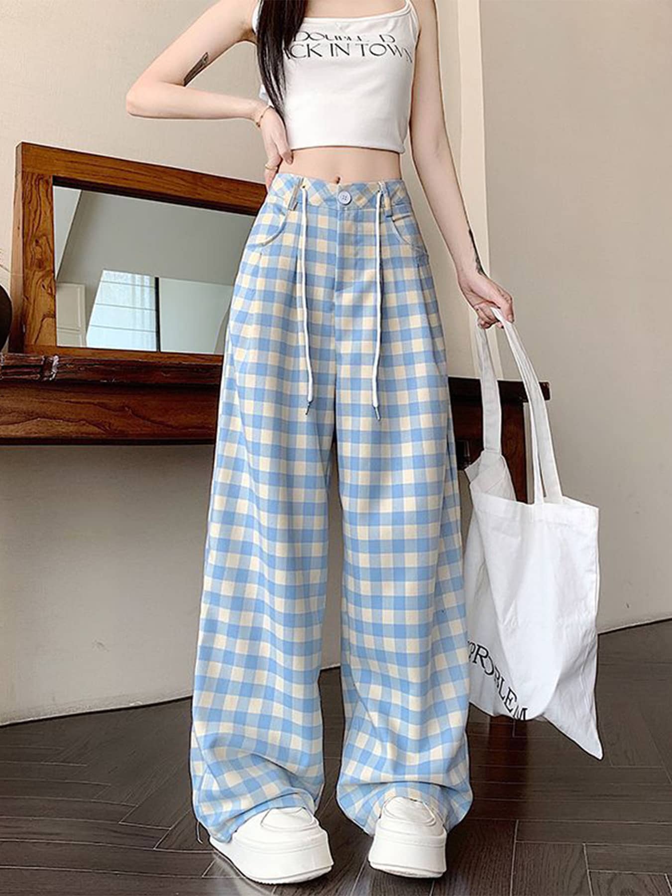 【チェック柄】 ワイドパンツ レディース チェックパンツ ギンガムチェック ボトムス ハイウエスト ズボン ロングパンツ ストレートパンツ ガウチョパンツ ドロスト 紐 ウエストゴム ゆったり 楽ちん 体型カバー 脚長 美脚 着痩せ 春 夏 秋 涼しい サラサラ カジュアル