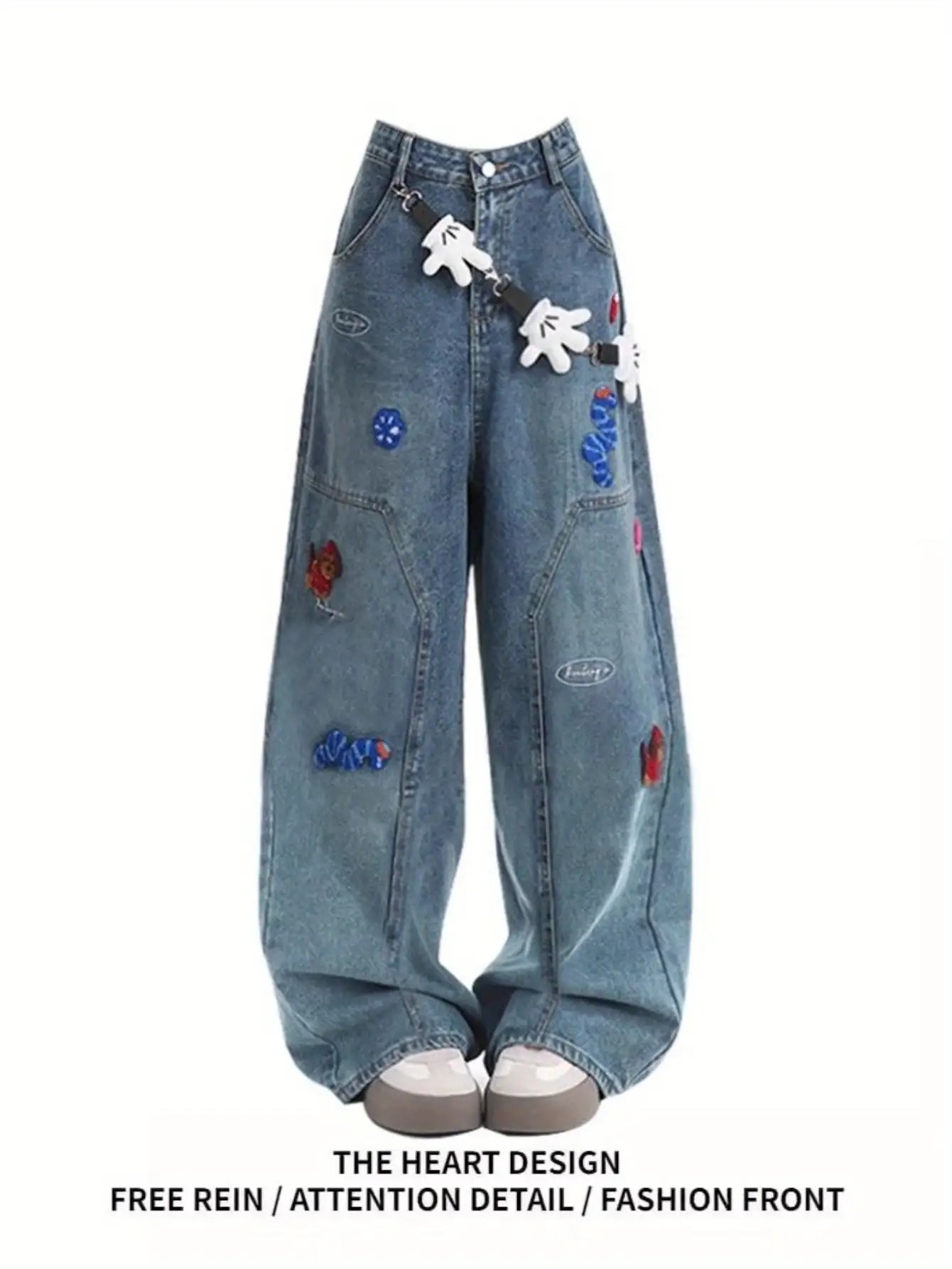 【脚長効果】 デニム パンツ レディース ワイドパンツ ジーンズ ジーパン ハイウエスト 刺繍 ワッペン ロングパンツ バギーパンツ ズボン ロング丈 デニムパンツ ストレート ゆったり 体型カバー 着痩せ 美脚 大きいサイズ 韓国 ファッション ストリート カジュアル