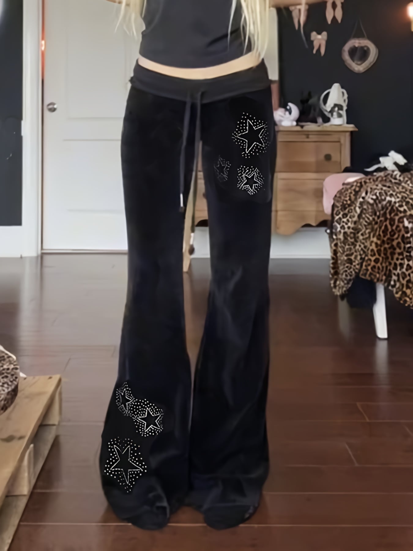 【星柄ラインストーン】ベロアパンツ レディース ワイドパンツ ベルベット風 ロングパンツ ズボン ボトムス ウエストリブ ウエストゴム 紐付き ドロスト 伸縮性 ゆったり 体型カバー 着痩せ 脚長 美脚 ダンス 衣装 Y2K ストリート 部屋着 ルームウェア｜Yokos
