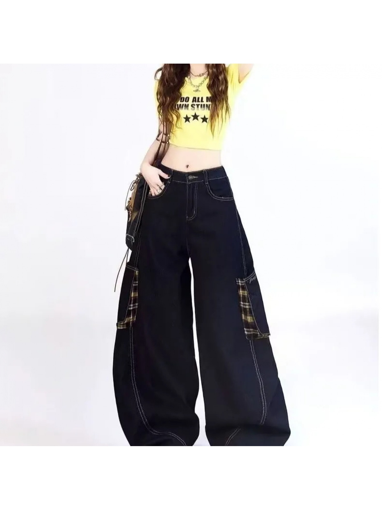 ワイドパンツ レディース デニム カーゴパンツ ジーンズ ジーパン チェック柄 切替 ステッチ ワークパンツ ボトムス ズボン ロングパンツ ストレート 太め ゆるめ ビッグシルエット オーバーサイズ ハイウエスト 脚長 美脚 体型カバー 着痩せ 細見え カジュアル|Yokos