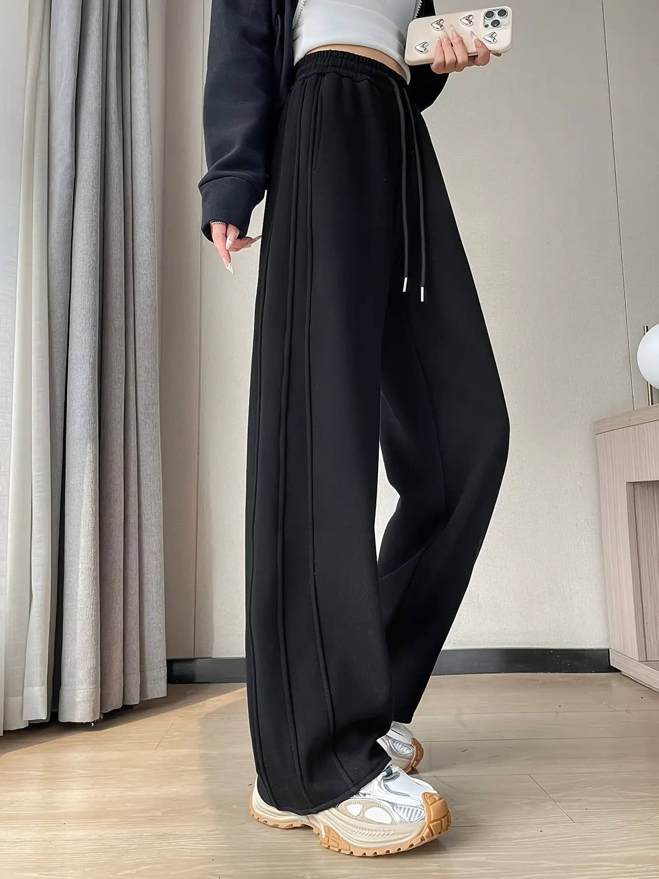 【美脚効果】ワイドパンツ レディース スウェットパンツ 厚手 ズボン ボトムス ロングパンツ イージーパンツ ハイウエスト ウエストゴム ドロスト センターライン ピンタック ストレート ゆる ゆったり 楽ちん 暖かい 体型カバー 着痩せ 脚長 カジュアル 部屋着