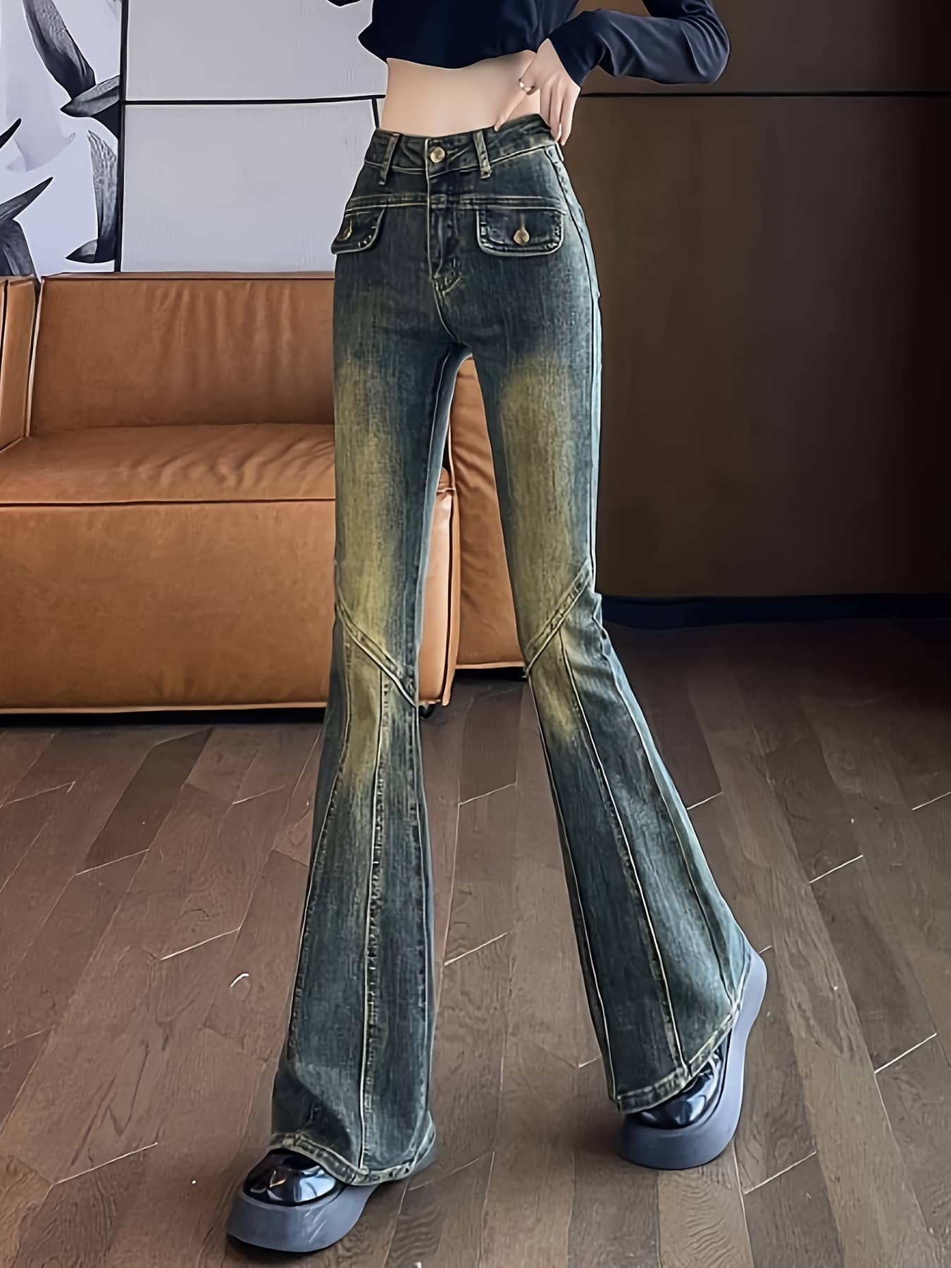 【美脚効果】デニム ジーンズ レディース ハイウエスト ブーツカット ベルボトム ジーパン ズボン ロングパンツ ヴィンテージ風 ユーズド加工 ボトムス センターライン ポケット ストレッチ スリム タイト 体型カバー 着痩せ 細見え 脚長 20代 30代 40代 韓国系 Y2K