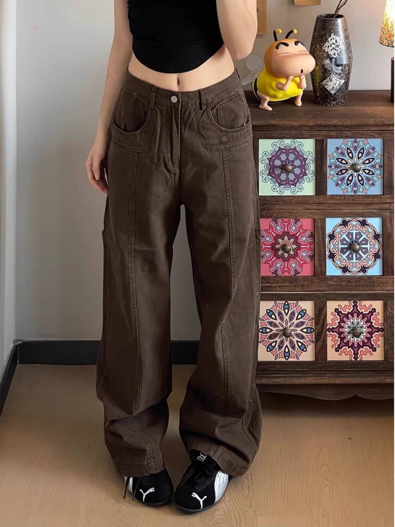 【脚長美脚】カーゴパンツ レディース ワイドパンツ ストレート ワークパンツ ハイウエスト ズボン ボトムス ロングパンツ センターライン 切替 チノパン ミリタリー ゆるパン ヴィンテージ風 レトロ ゆったり 体型カバー 着痩せ 20代 30代 40代 カジュアル ストリート