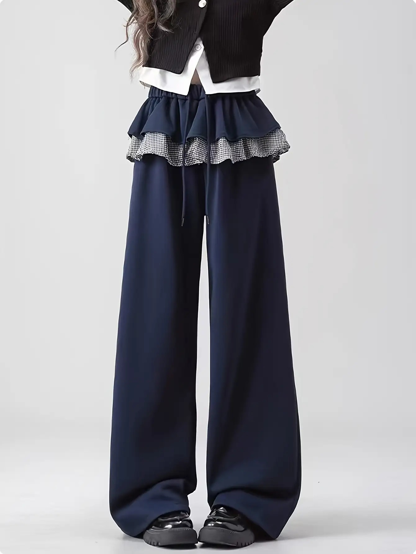 ワイドパンツ レディース スウェットパンツ ギンガムチェック フリル 重ね着風 フェイクレイヤード ボトムス ズボン 長ズボン イージーパンツ ウエストゴム ドロスト 楽ちん ゆったり 体型カバー 脚長 美脚 着痩せ 細見え ストリート 地雷系 量産型 韓国風 可愛い