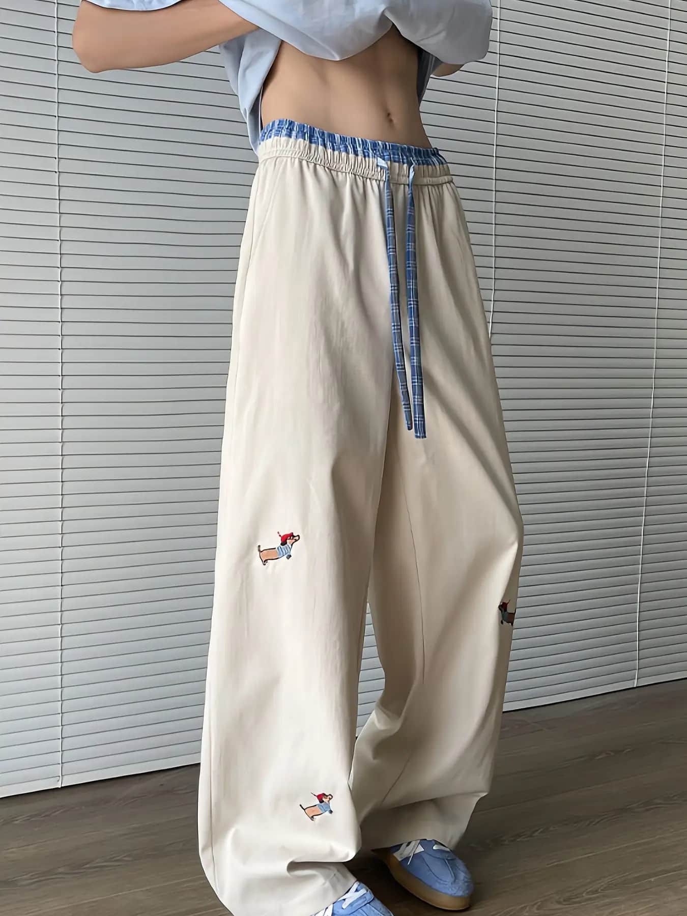 【配色デザイン】 ワイドパンツ レディース ストレートパンツ イージーパンツ ウエストゴム ドロスト ズボン ロングパンツ チェック柄 切り替え ワンポイント 刺繍 犬 アニマル ゆるパンツ ボトムス 体型カバー 着痩せ 脚長 美脚 楽ちん 部屋着 ルームウェア