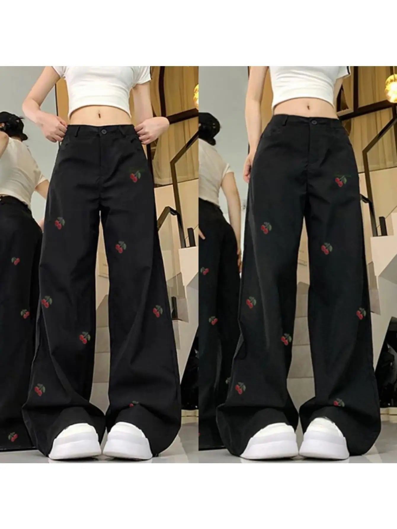 【さくらんぼ刺繍】デニム パンツ レディース ワイドパンツ ジーンズ ハイウエスト ストレート ジーパン ボトムス ズボン ロング 刺繍 チェリー 総柄 ゆったり 楽ちん 体型カバー 着痩せ 脚?効果 細見え 美脚 韓国 ファッション おしゃれ 可愛い カジュアル 10代 20代