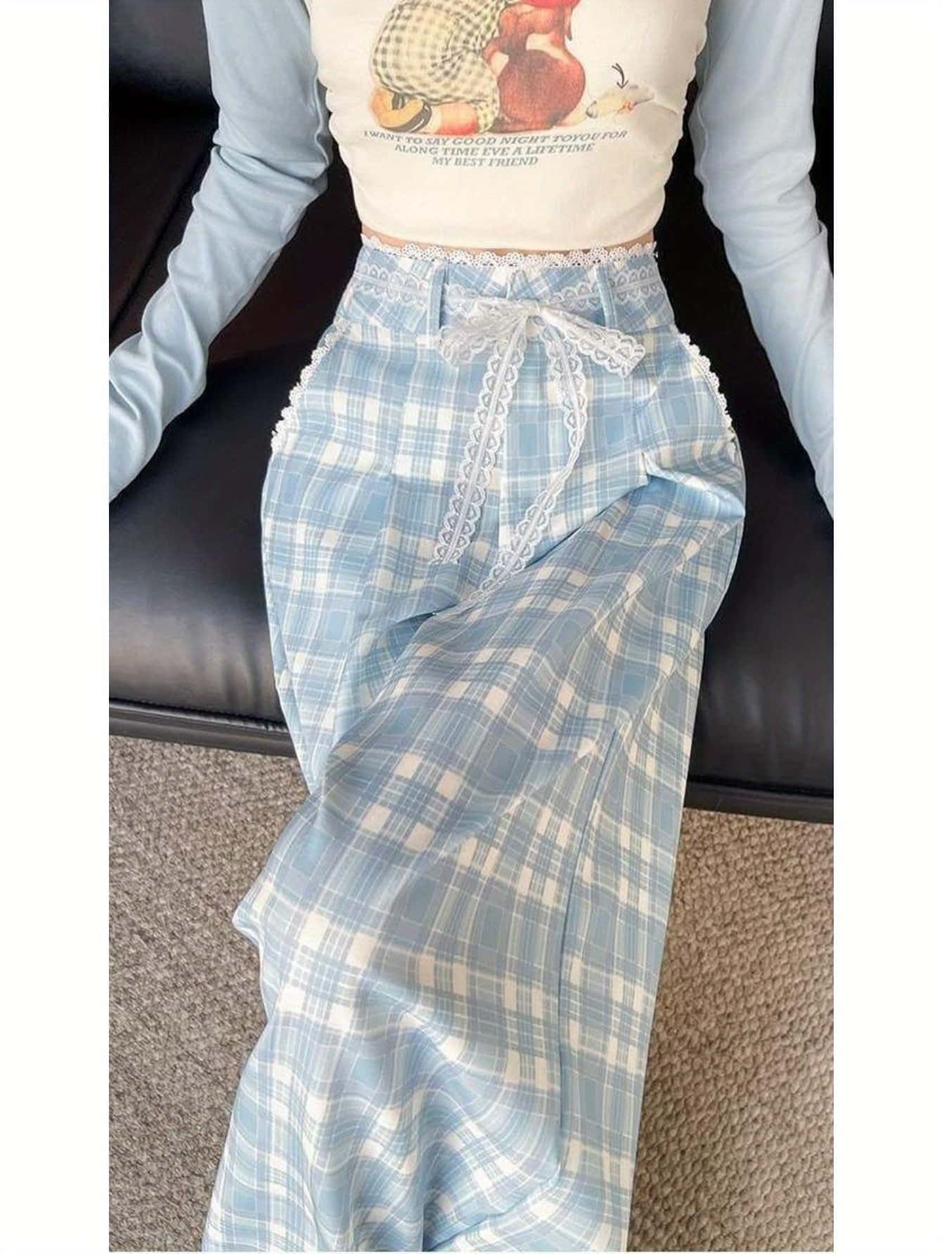 【大人可愛い】 ワイドパンツ チェック柄 レディース チェックパンツ レース リボン ハイウエスト ズボン ボトムス ストレート イージーパンツ ギンガムチェック 格子柄 ブルー 水色 ウエストゴム ドロスト 体型カバー 着痩せ 脚長 美脚 ゆったり 楽ちん リラックス