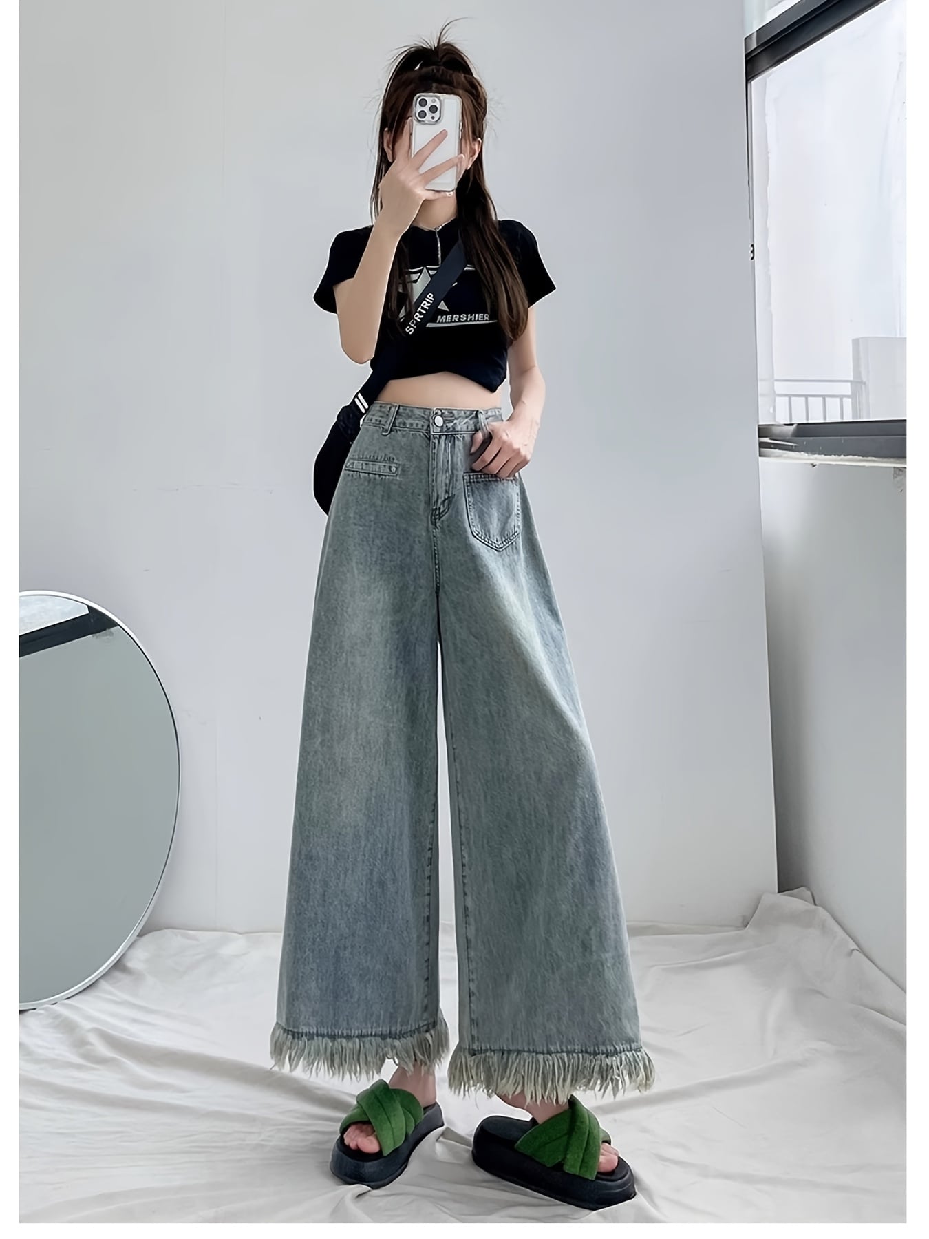 ワイドパンツ デニム レディース ジーンズ ジーパン 裾フリンジ カットオフ ハイウエスト バギーパンツ デニムパンツ ズボン ロング丈 ワイド バギー ガウチョ 体型カバー 着痩せ 脚長 美脚 ゆったり 2025 春 夏 秋 冬 カジュアル ストリート 韓国風 大人可愛い