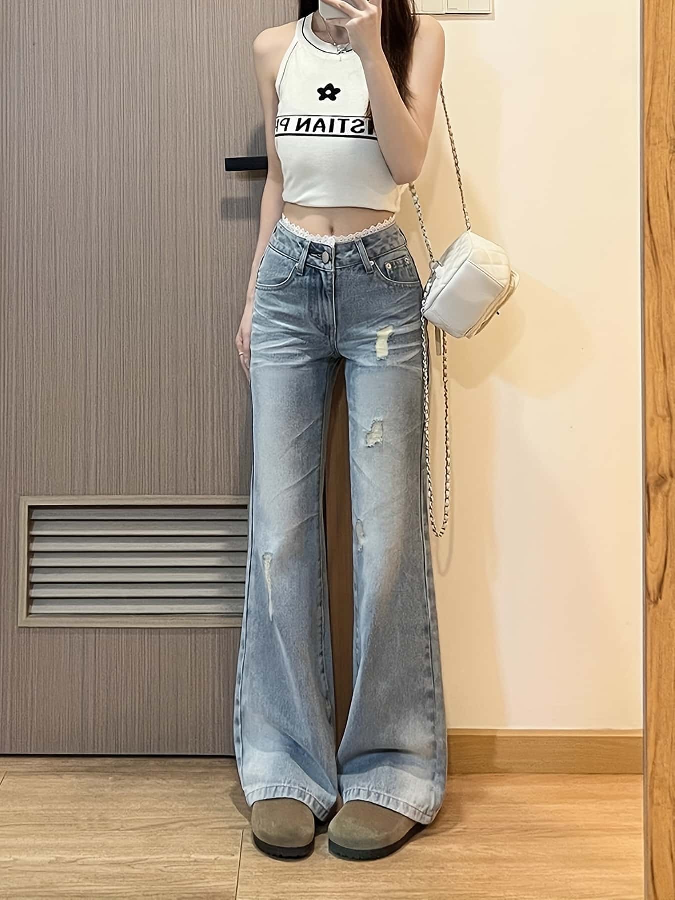 【美脚見せ】デニム ジーンズ レディース ジーパン パンツ ワイドパンツ ダメージ クラッシュ ウエストレース ハイウエスト ボトムス ズボン ロング 美脚 脚長 着痩せ 体型カバー 韓国 ストリート Y2K ヴィンテージ風 カジュアル 大人可愛い おしゃれ 春 夏 秋 冬 10代