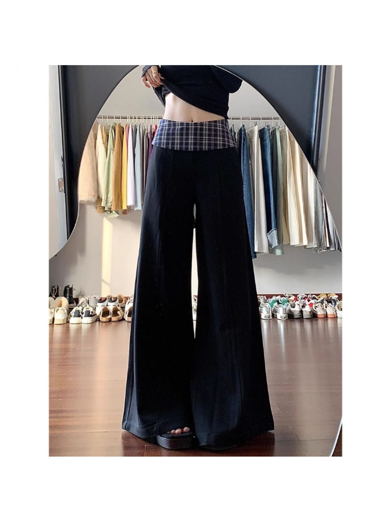 【チェック柄切替】ワイドパンツ レディース ハイウエスト ズボン ボトムス センターライン ブラック ガウチョパンツ バギーパンツ ストレート ロングパンツ 落ち感 ウエストゴム ゆったり 楽ちん 黒 体型カバー 着痩せ 脚長 美脚 細見え カジュアル 韓国 ファッション