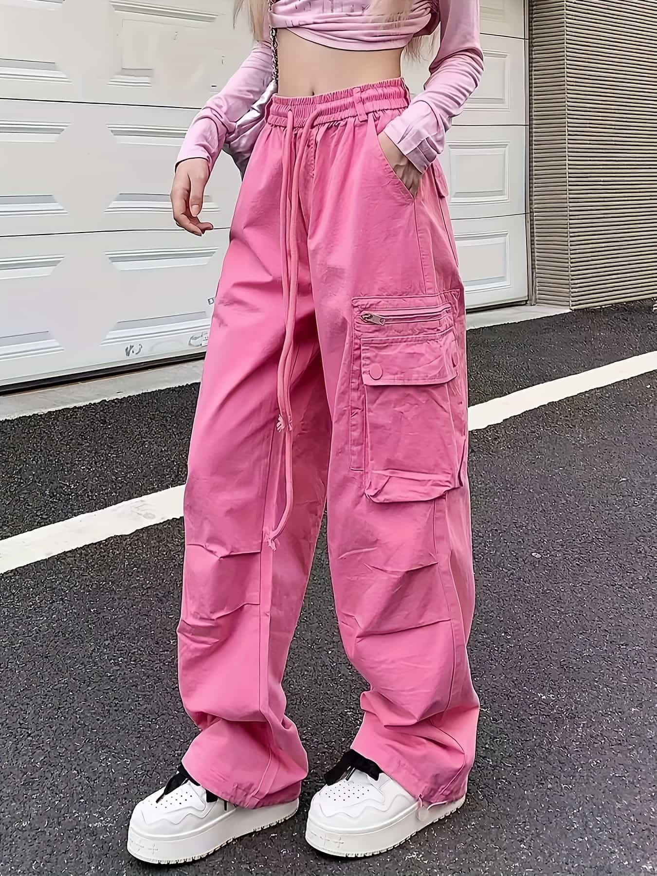【Y2Kスタイル】カーゴパンツ レディース ワイドパンツ ピンク ワークパンツ ハイウエスト パラシュートパンツ バルーンパンツ ウエストゴム ドロスト ボトムス ズボン ロングパンツ 太め ゆったり 体型カバー 脚長 美脚 着痩せ ストリート ダンス 衣装 ヒップホップ