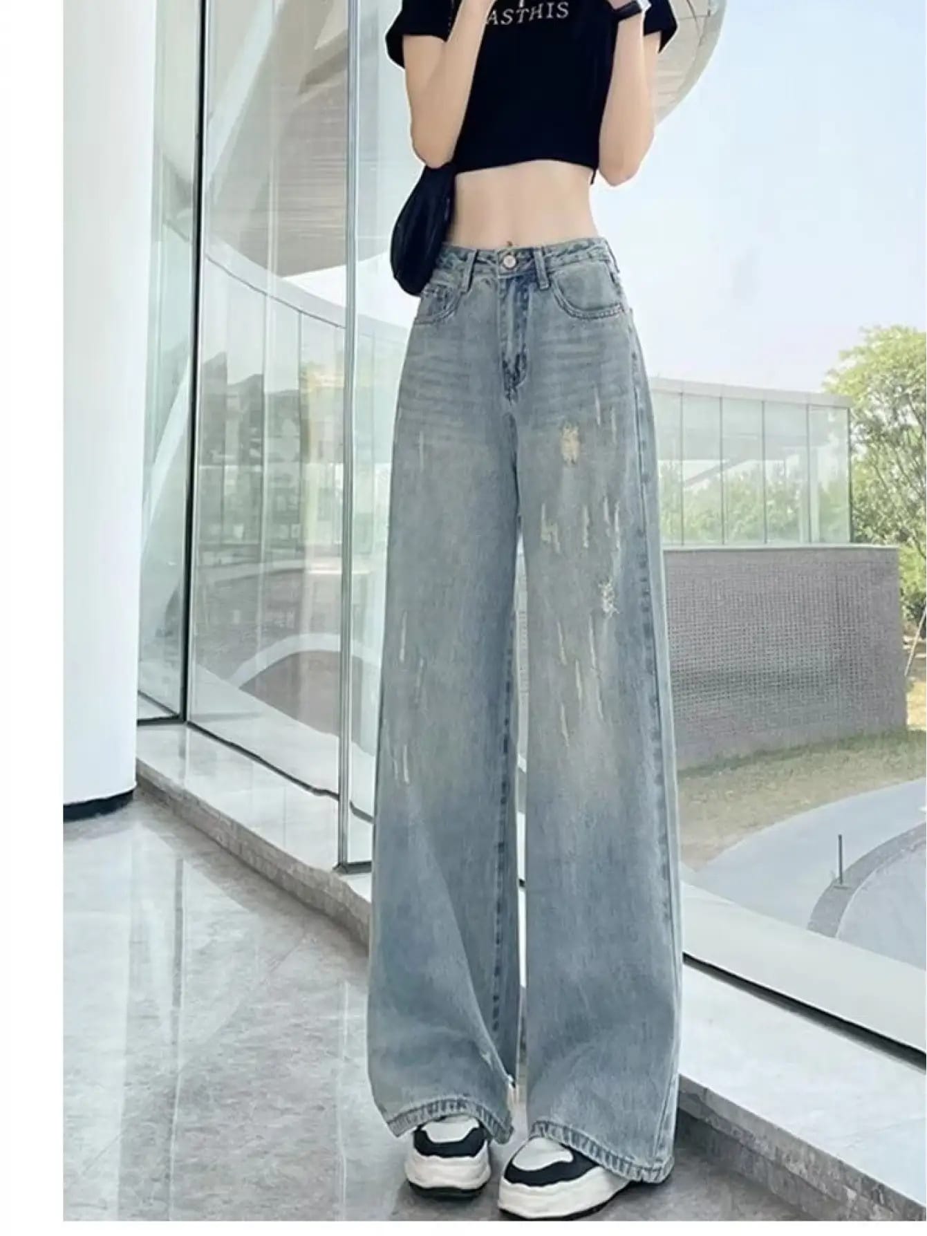 ワイドパンツ デニム レディース ジーンズ ダメージ クラッシュ ジーパン デニムパンツ ボトムス ズボン ロング ハイウエスト 脚長 美脚 体型カバー 着痩せ 細見え ゆったり ゆる ストレート ウォッシュ カジュアル ストリート 韓国 ファッション 春 夏 秋 冬 20代