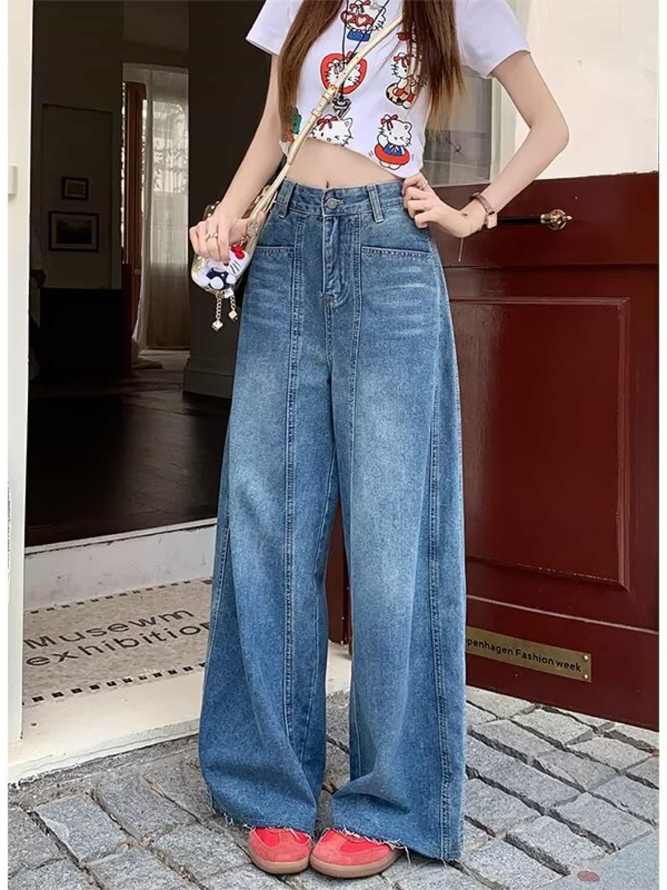 【ハイウエスト】 デニムパンツ レディース ワイドパンツ ジーンズ ジーパン 切り替え センターライン バギー 美脚 脚長効果 体型カバー 着痩せ 細見え ゆったり 楽ちん ヴィンテージ風 レトロ 大人可愛い きれいめ カジュアル 通勤 春夏秋冬 ブルー
