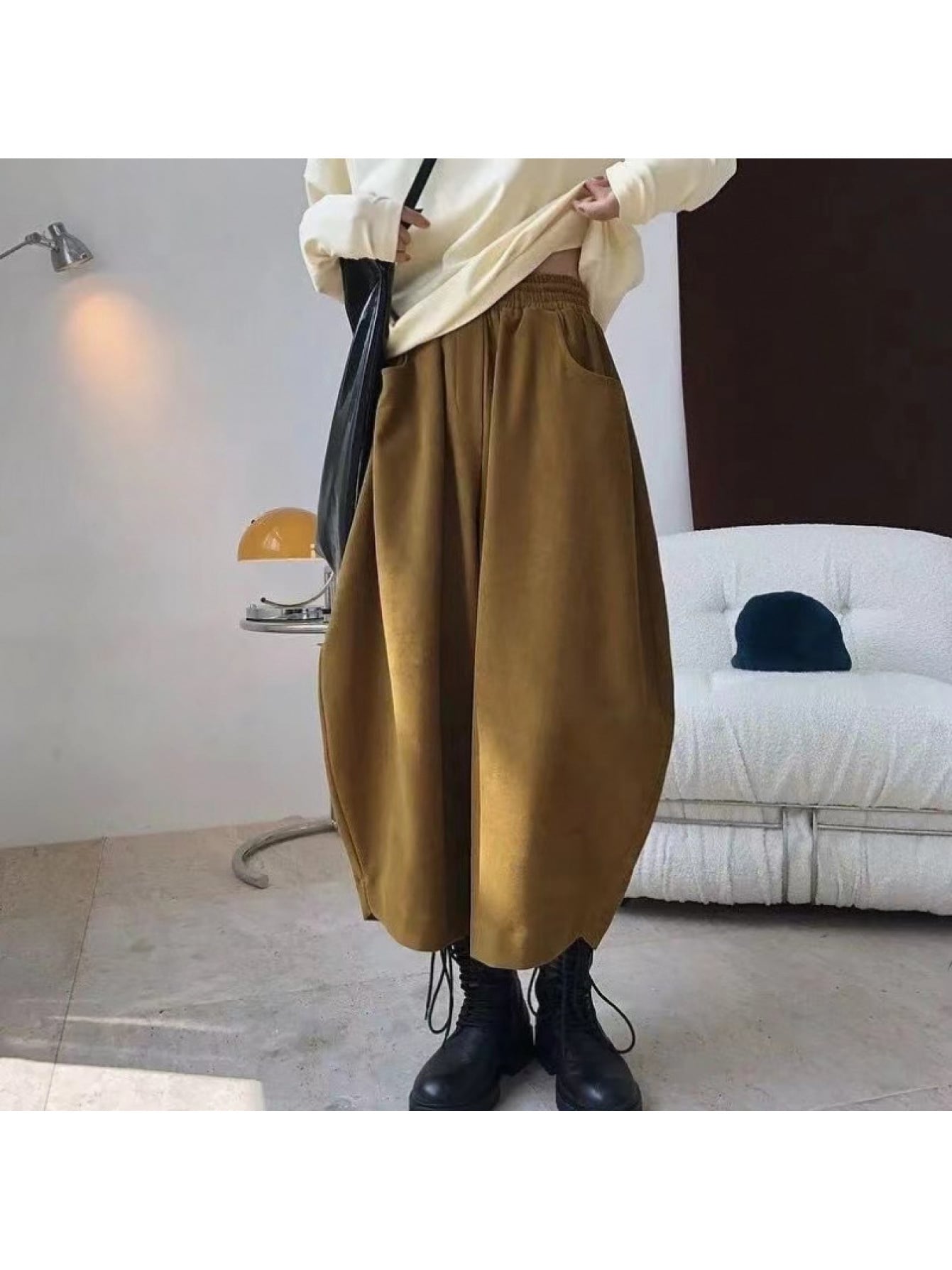 【ゆるカジ】ワイドパンツ レディース サルエルパンツ バルーンパンツ テーパード コクーン ボトムス ズボン ロング ウエストゴム 楽ちん ゆったり 体型カバー 着痩せ 細見え 脚長 股上深め レトロ カジュアル ナチュラル 大人可愛い 秋冬 厚手 暖かい 無地 20代 30代|Yokos