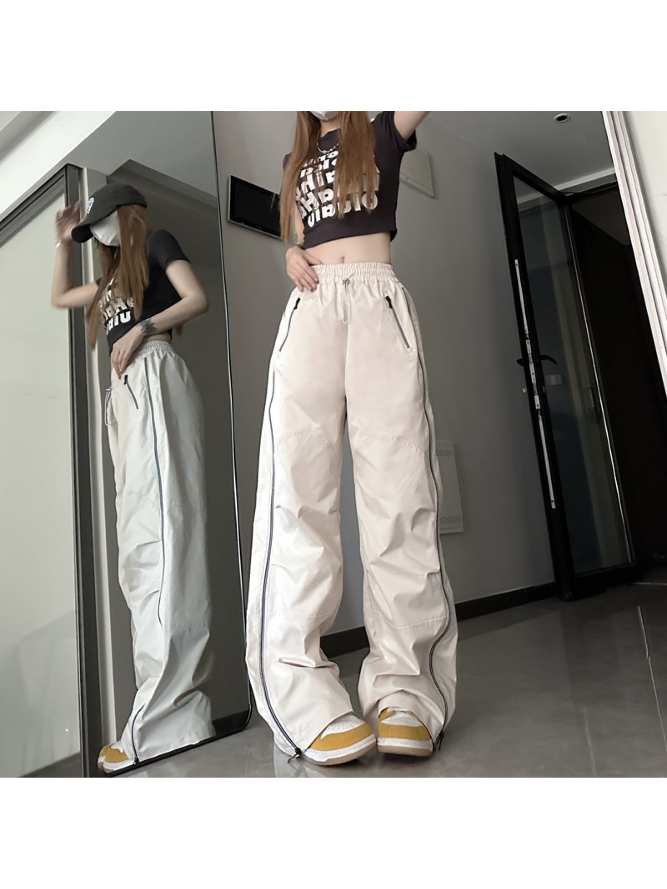 【サイドジップ】ワイドパンツ レディース カーゴパンツ スウェットパンツ ストリート系 ボトムス ズボン イージーパンツ ウエストゴム ハイウエスト ゆったり 韓国 ファッション ダンス ヒップホップ 衣装 y2k 体型カバー 脚長効果 着痩せ ナイロン風 シャカシャカ