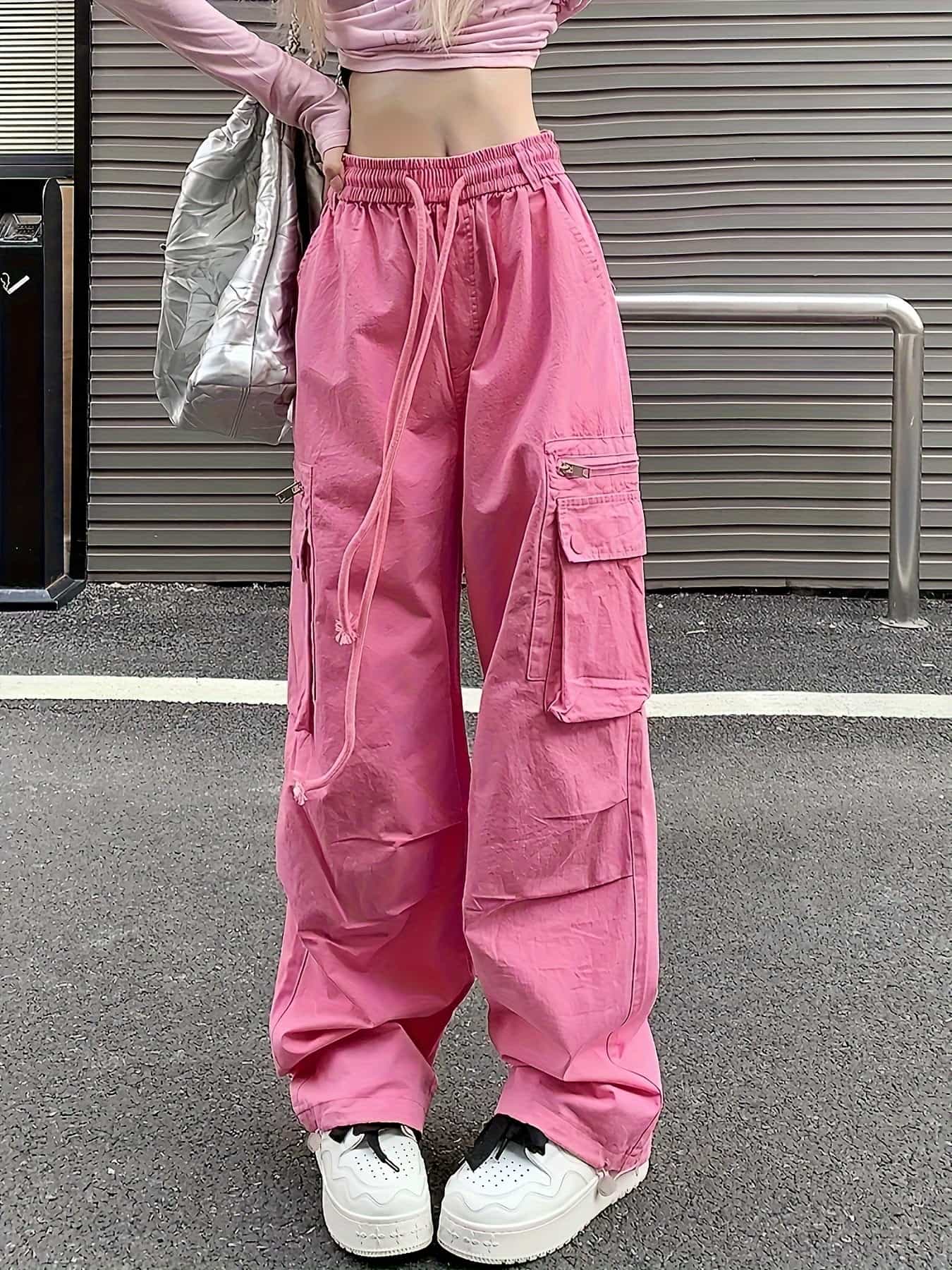 【Y2Kトレンド】カーゴパンツ レディース ワイドパンツ ピンク ワークパンツ ハイウエスト ウエストゴム ドロスト シャカシャカ ナイロン風 ズボン ボトムス ロングパンツ バギーパンツ ゆったり サイドポケット フラップ 体型カバー 着痩せ 脚長 美脚 楽ちん 韓国