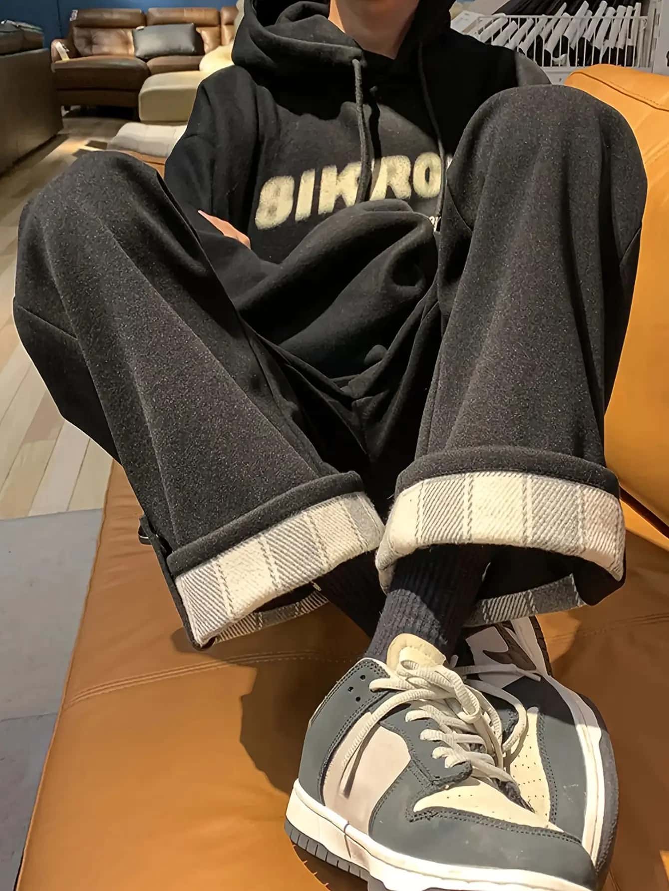 【裾ロールアップ】 ワイドパンツ レディース チェック柄 切り替え ストレートパンツ 裏地チェック ズボン ロングパンツ 長ズボン ボトムス 配色 バイカラー ゆったり 楽ちん ウエストゴム 体型カバー 着痩せ 脚長 美脚 カジュアル ストリート 韓国風 春 秋 冬 10代