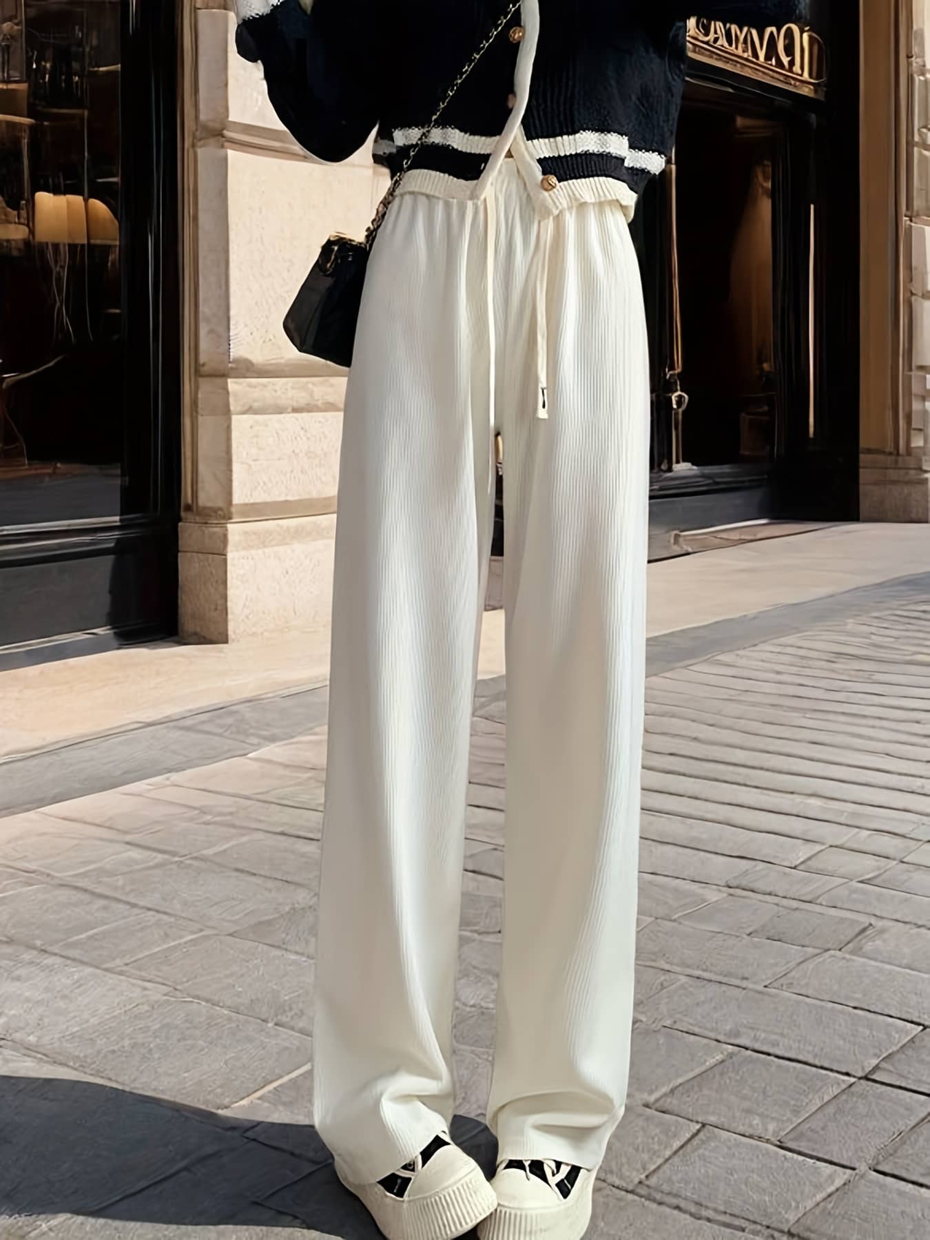 【美シルエット】 ワイドパンツ レディース リブパンツ 厚手 シェニール風 ボトムス ズボン ロングパンツ ストレート イージーパンツ ウエストゴム ドロスト ハイウエスト ポケット 楽ちん 体型カバー 着痩せ 美脚 脚長 落ち感 きれいめ カジュアル オフィス 通勤|Yokos