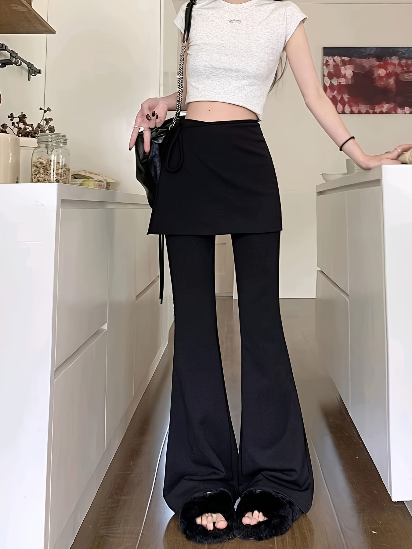 【美脚効果】レイヤード風 ブーツカットパンツ レディース スカート付き ベルボトム ボトムス ズボン ロング丈 ストレッチ 伸縮 ハイウエスト 体型カバー ヒップカバー 着痩せ 脚長 細見え 辛口 韓国 ファッション Ｙ２Ｋ ストリート ダンス 衣装 ブラック 黒 無地