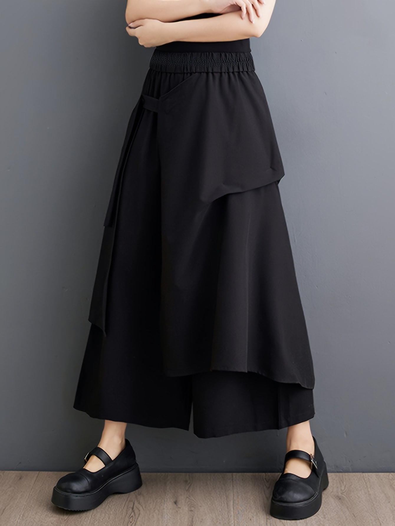 【モード系】ワイドパンツ レディース アシンメトリー 袴パンツ ガウチョパンツ スカーチョ キュロット ズボン 変形 デザイン 不規則 重ね着風 レイヤード ボトムス ウエストゴム 楽ちん ゆったり 体型カバー 着痩せ 細見え 脚長 美脚 大きいサイズ きれいめ
