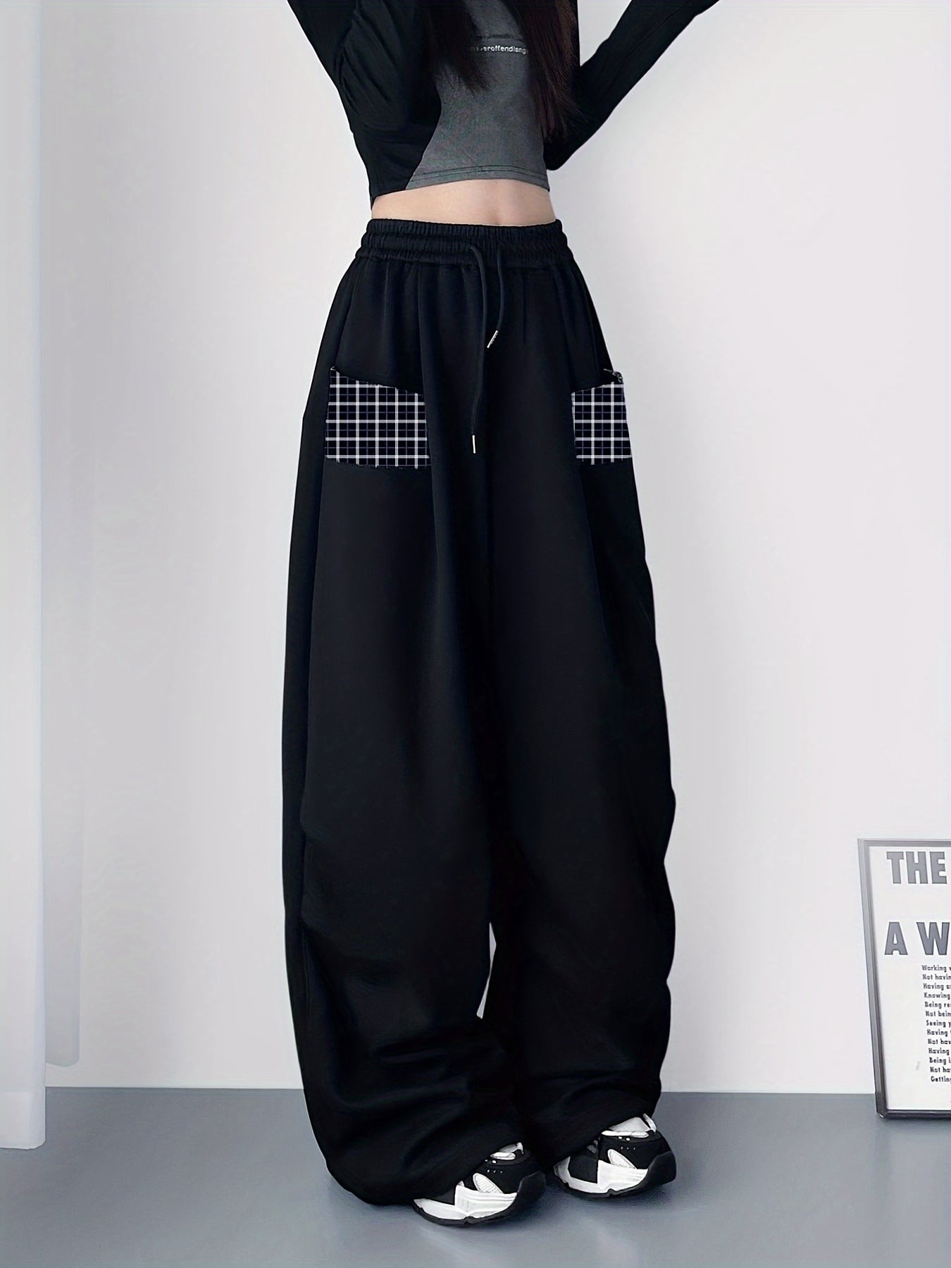 【チェック切替】ワイドパンツ レディース スウェットパンツ ズボン チェック柄 ロングパンツ ボトムス ゆったり ウエストゴム ドロスト イージーパンツ ストレート カジュアル ストリート 韓国風 体型カバー 着痩せ 脚長 部屋着 ルームウェア ワンマイルウェア ダンス