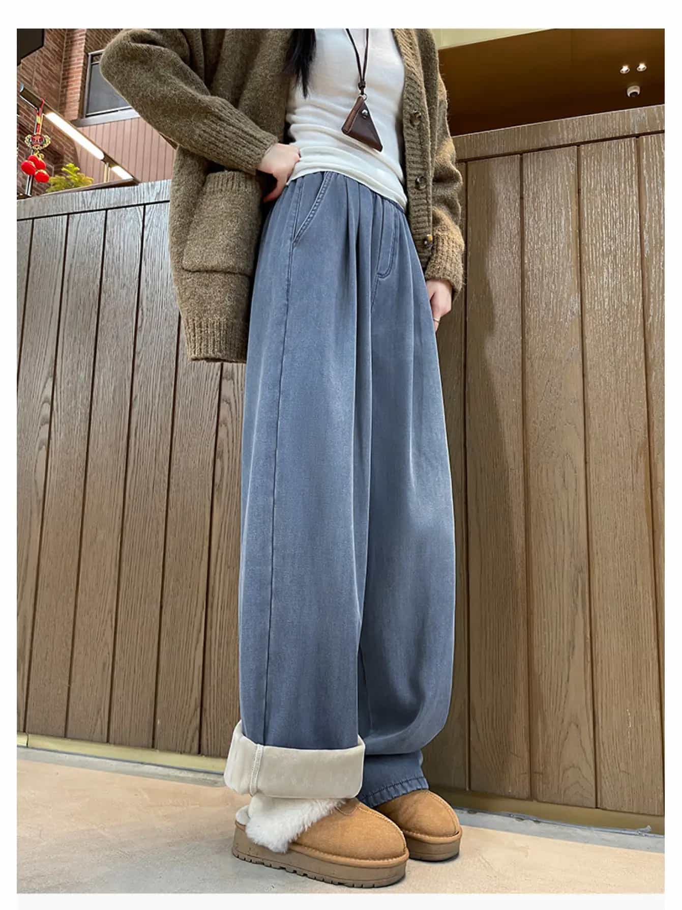 【裏起毛で暖かい】デニムパンツ レディース 裏起毛 ジーンズ ジーパン ワイドパンツ ハイウエスト ストレートパンツ ズボン ボトムス あったか 極暖 厚手 ゆったり 体型カバー 着痩せ 脚長 美脚 ウエストゴム 楽ちん タック カジュアル オフィス 通勤 秋冬 防寒 2025