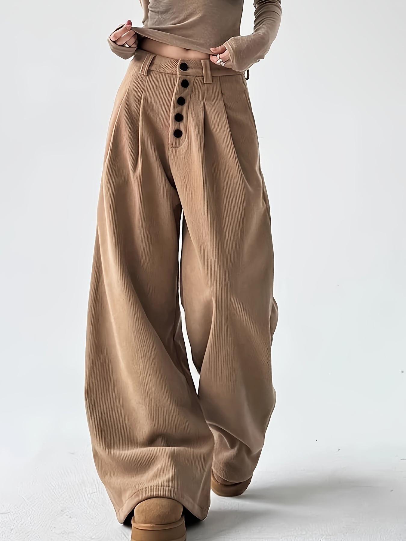 【ボタンデザイン】ワイドパンツ コーデュロイ レディース ハイウエスト タックパンツ ズボン ボトムス ストレート ロングパンツ ガウチョパンツ 無地 ベージュ 体型カバー 着痩せ 脚長効果 美脚 細見え 楽ちん 洗える シワになりにくい オフィス 通勤 カジュアル
