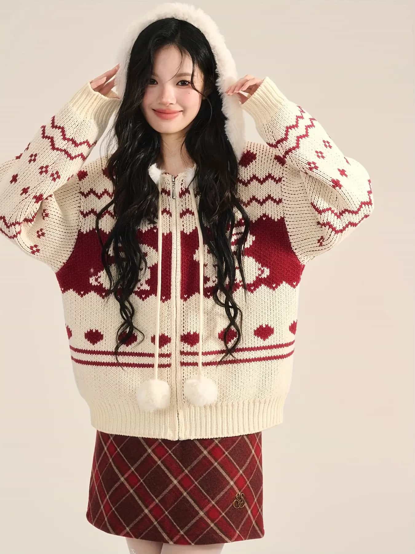【クリスマス】ニットパーカー レディース ジップアップ カーディガン うさぎ柄 セーター フード付き ボア ファー もこもこ ふわふわ 羽織り 厚手 トップス 長袖 暖かい 防寒 アニマル柄 ノルディック風 レトロ 韓国ファッション 大人可愛い 体型カバー ゆったり|Yokos