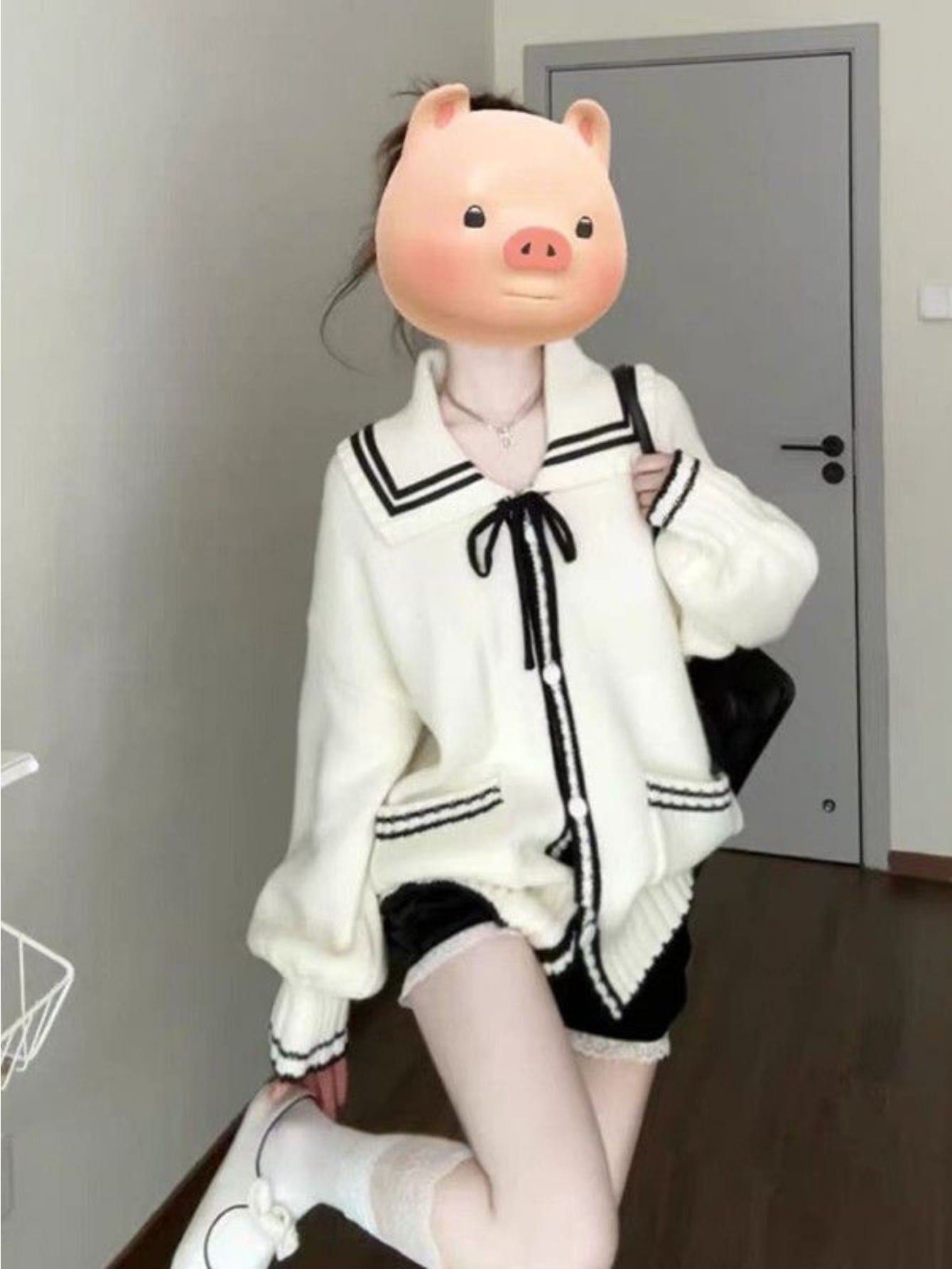 【セーラーカラー】ニット カーディガン レディース リボン 配色 バイカラー トップス 羽織り ジャケット セーター 襟付き 長袖 もっちり 厚手 ゆったり オーバーサイズ ビッグシルエット 体型カバー 着痩せ 二 de 腕カバー ボリューム袖 大人可愛い ガーリー レトロ