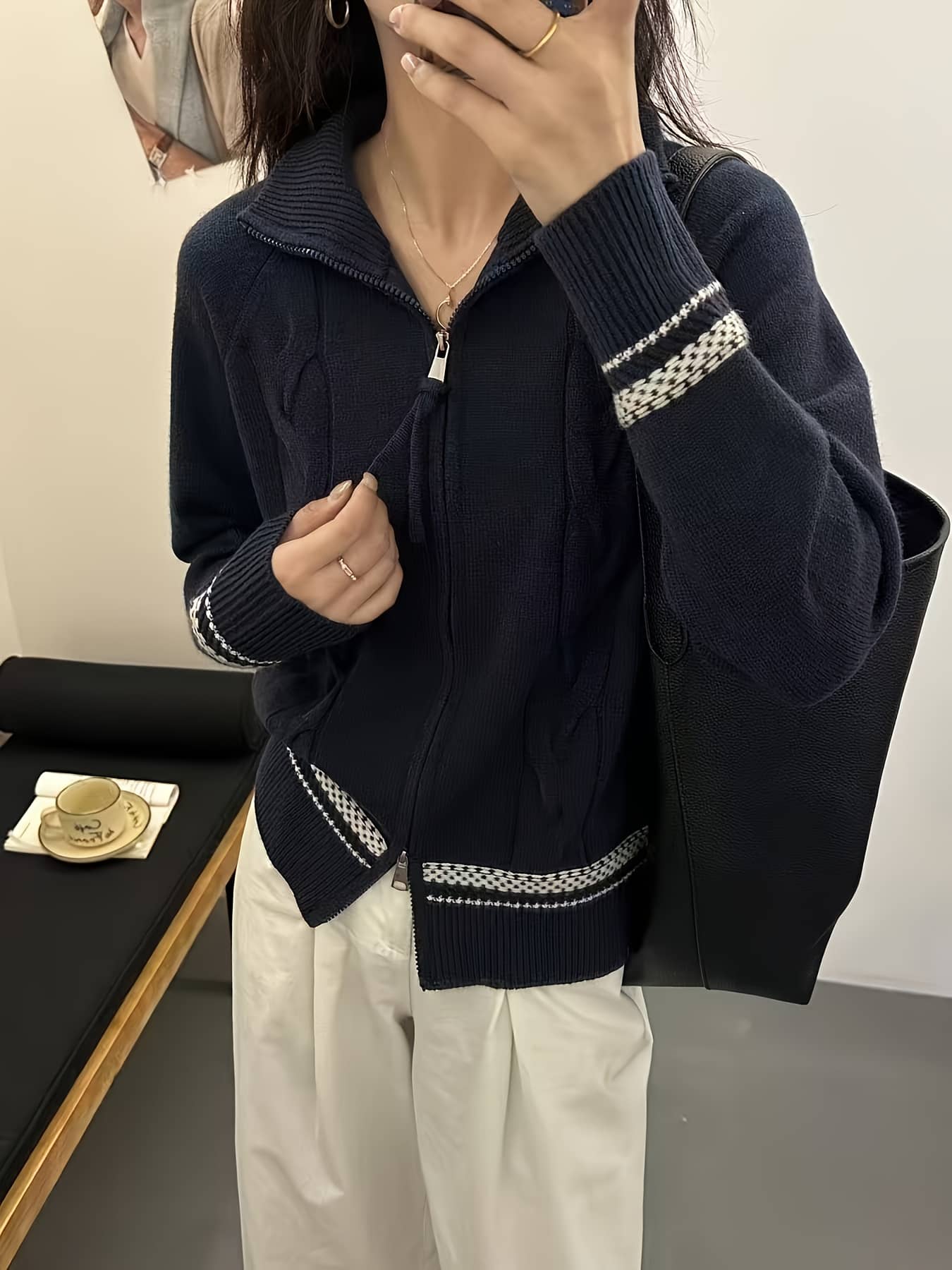 【ハーフジップ】ニット カーディガン レディース ジップアップ セーター ケーブル編み ハイネック 立ち襟 トップス 厚手 暖かい 長袖 ゆったり ビッグシルエット オーバーサイズ ラグランスリーブ 前開き 体型カバー 着痩せ 配色 ライン カジュアル きれいめ