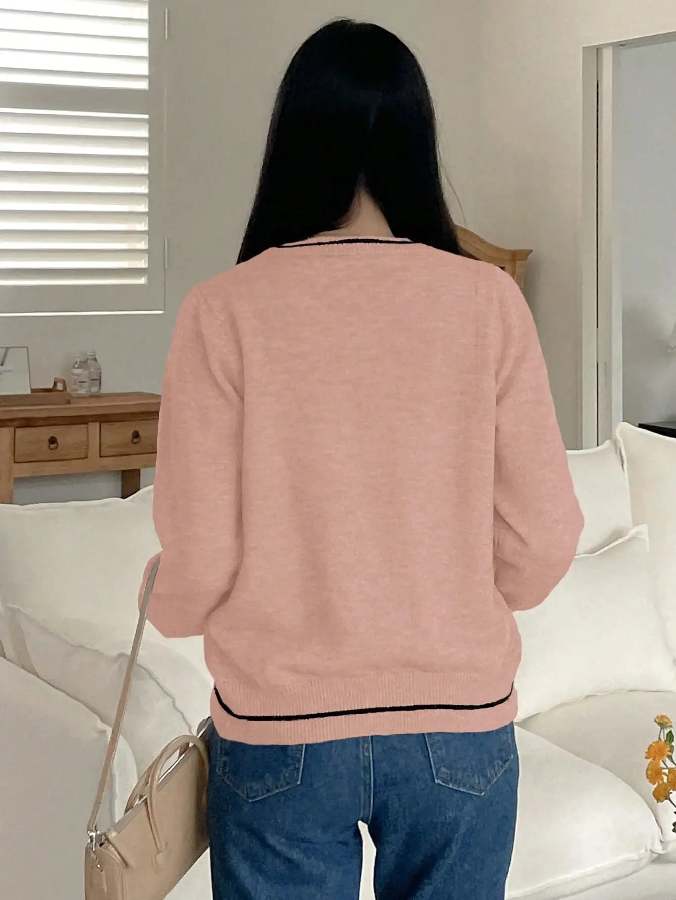 【配色ライン】 ニット セーター レディース トップス 長袖 バイカラー 丸首 クルーネック きれいめ カジュアル オフィス 通勤 OL 大人可愛い 体型カバー 着痩せ ゆるニット プルオーバー 柔らかい 伸縮性 秋 冬 春 シンプル 無地 ピンク 20代 30代 40代 50代｜Yokos