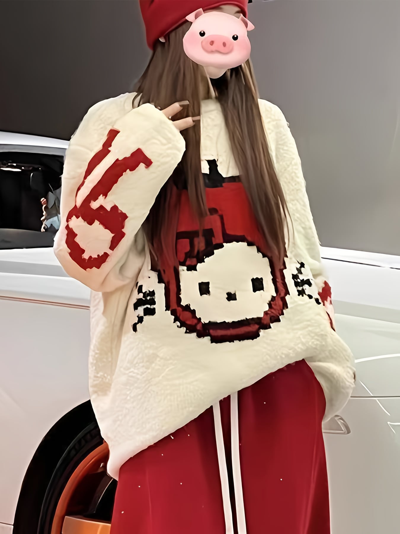 【ゆるカワ】 キャラクター ニット セーター レディース トップス 長袖 クルーネック ビッグシルエット オーバーサイズ プルオーバー ジャガード シャギー 暖かい 厚手 体型カバー お尻が隠れる 韓国 ストリート カジュアル 大人可愛い 秋冬 冬物 防寒 ハート リボン