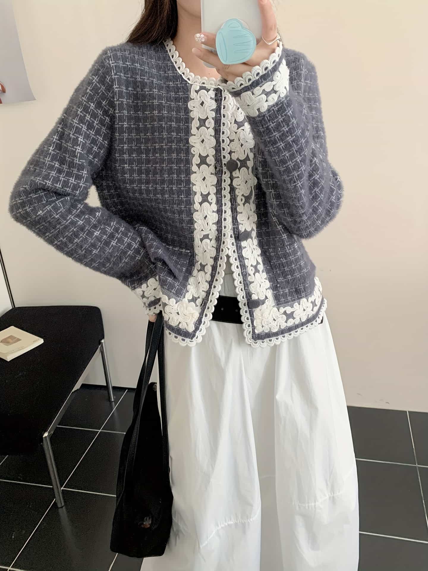 【レトロ可愛い】 カーディガン レディース ニット ツイード風 レース 切り替え チェック柄 クルーネック 丸首 長袖 羽織り トップス ジャケット風 厚手 シャギー 起毛 レトロ ヴィンテージ風 エレガント 大人可愛い キレイめ 着痩せ 体型カバー オフィス 通勤