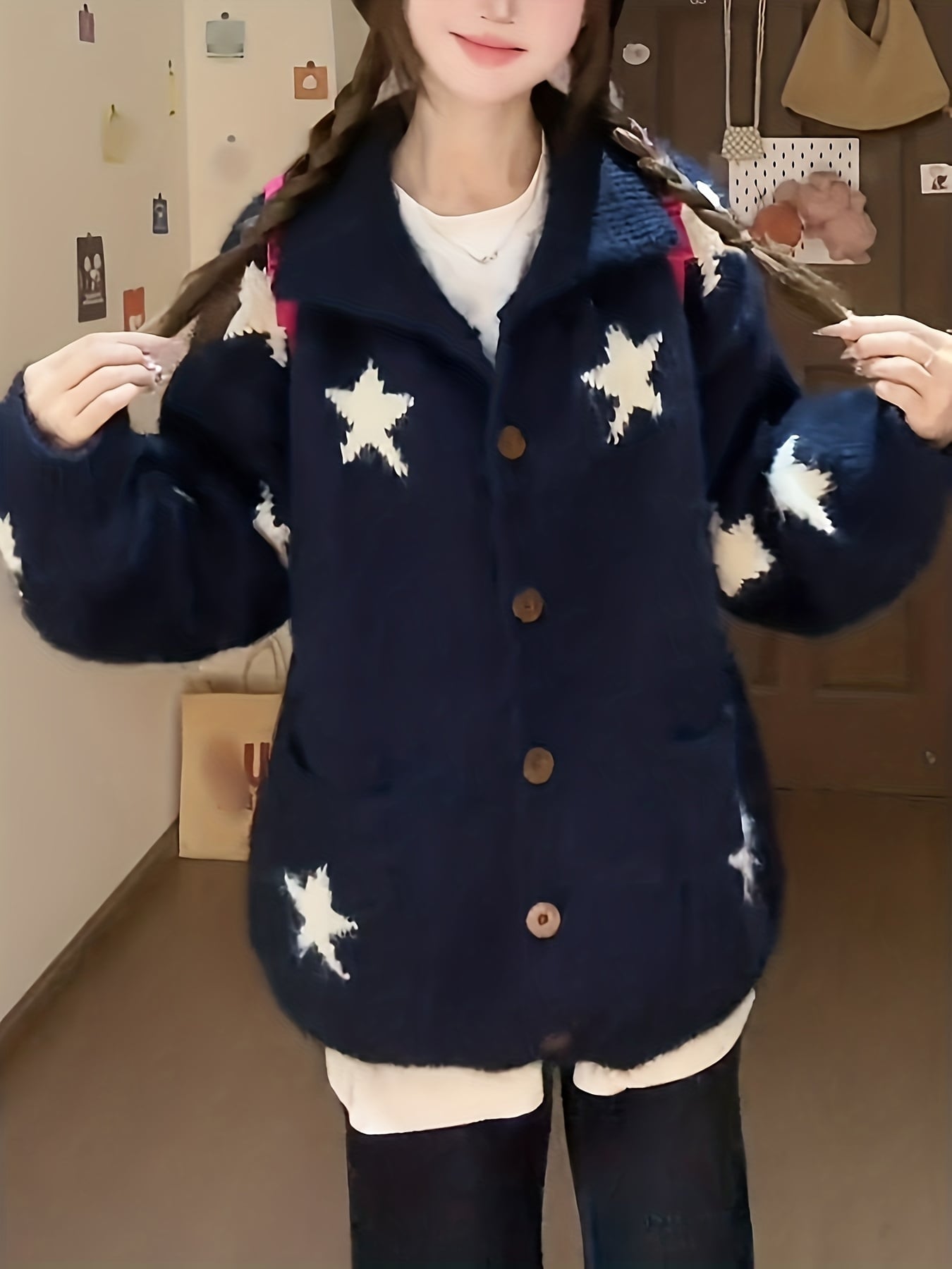 【星柄デザイン】カーディガン レディース ニット セーター 星 襟付き 厚手 アウター 羽織り 2025 秋冬 韓国 ファッション Y2K 星柄ニット 前開き ボタン トップス 紺 ネイビー 長袖 オーバーサイズ ビッグシルエット ゆったり 体型カバー 着痩せ 防寒 保温 暖かい