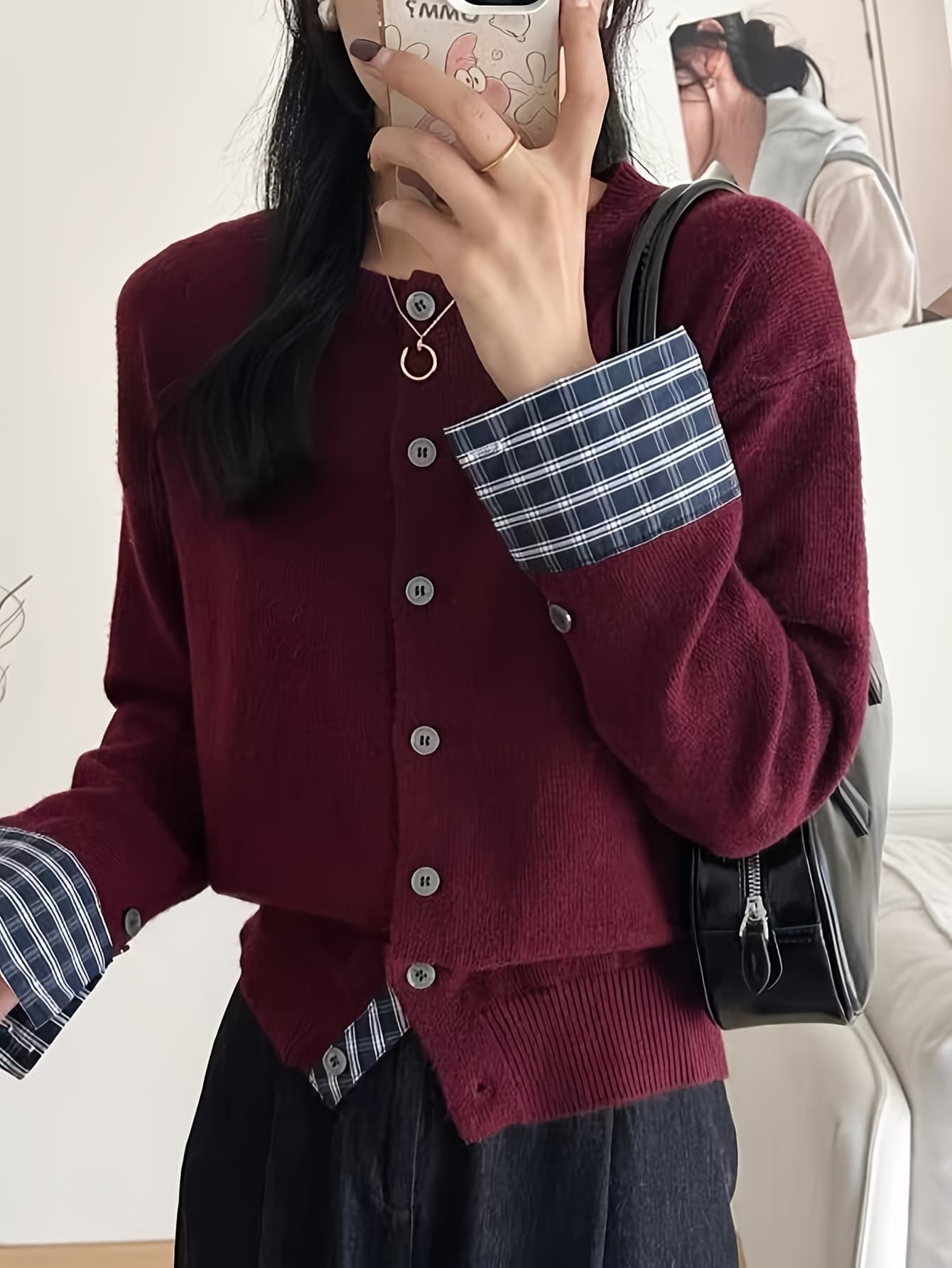 【レイヤード風】 カーディガン レディース ニット トップス 長袖 クルーネック 丸首 異素材 切り替え チェック柄 デザイン ゆったり 体型カバー 二の腕カバー 着痩せ 細見え 羽織り 前開き カジュアル きれいめ 大人可愛い オフィス 通勤 OL 秋 冬 春 セーター|Yokos