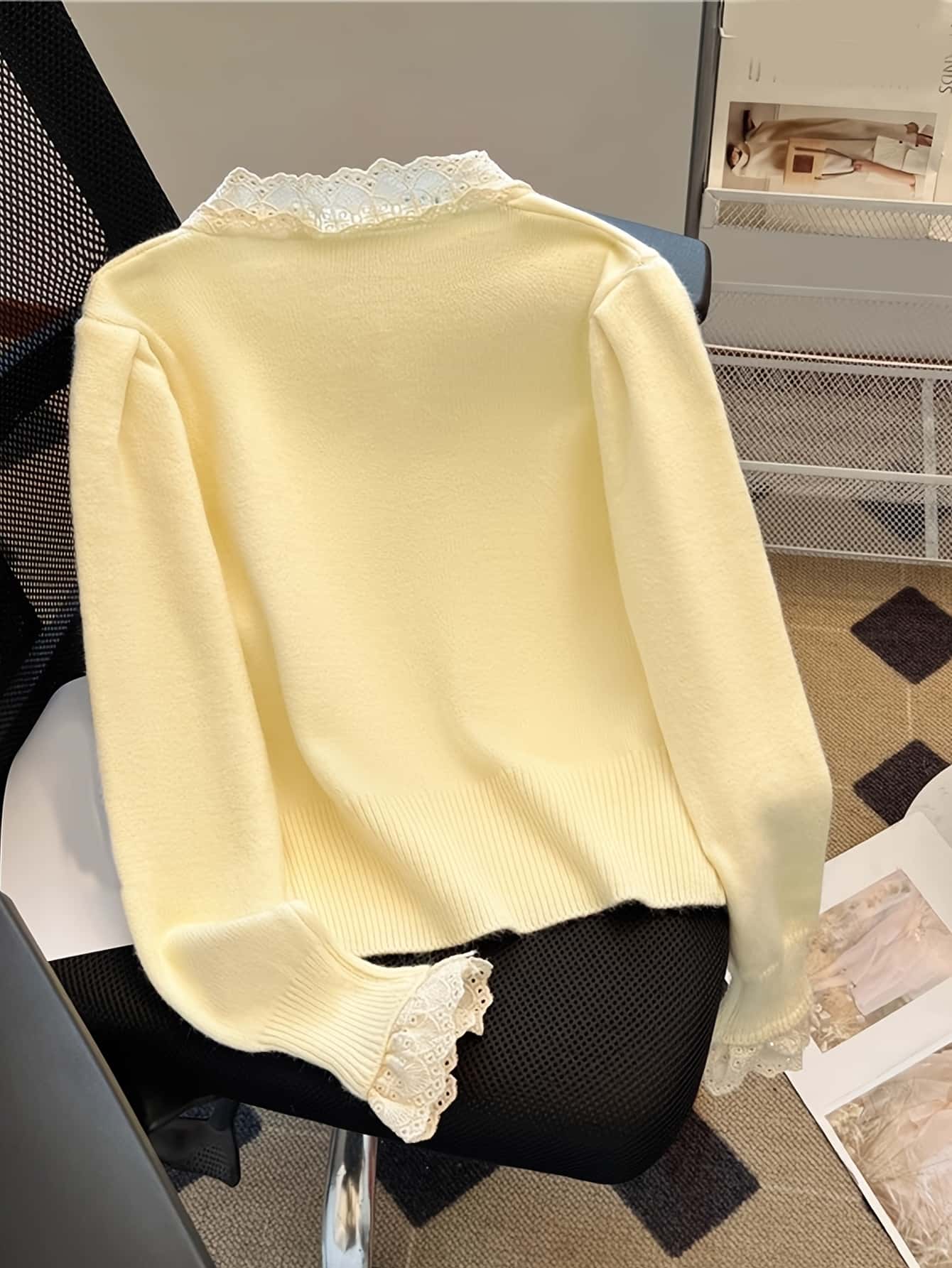 【大人可愛い】 カーディガン レディース ニット トップス セーター 長袖 レース 襟付き ハートボタン リボン 飾りボタン イエロー 黄色 前開き 羽織り 秋 冬 春 秋冬 体型カバー 着痩せ 細見え 柔らかい ゆったり ガーリー フェミニン 20代 30代 40代 通勤 通学