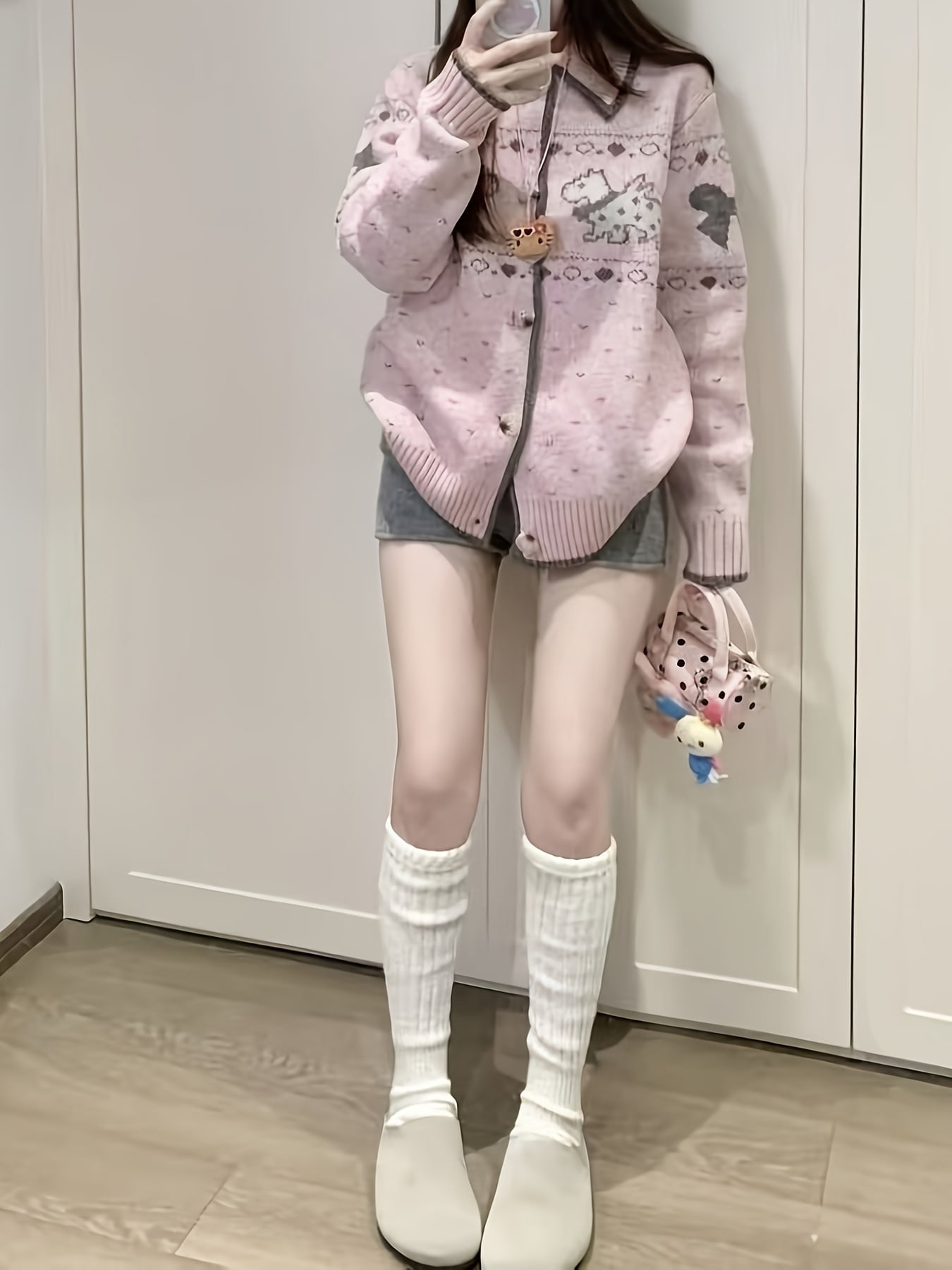 【犬柄×ハート】ニット カーディガン レディース 襟付き セーター 前開き トップス 韓国ファッション 量産型 地雷系 いぬ 犬 ドッグ 骨 ハート柄 ジャガード 総柄 長袖 羽織り ゆったり 体型カバー 着痩せ 学生 通学 デート 春 秋 冬 ピンク 白 カジュアル レトロ|Yokos