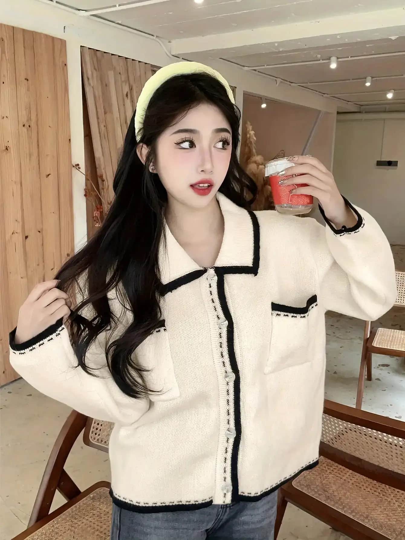 【襟付きバイカラー】 カーディガン レディース ニット 配色 パイピング トップス セーター 長袖 秋 冬 春 ゆったり オーバーサイズ 羽織り 前開き ボタン 柔らかい 韓国ファッション きれいめ カジュアル オフィス 通勤 OL 通学 体型カバー 着痩せ 華奢見え