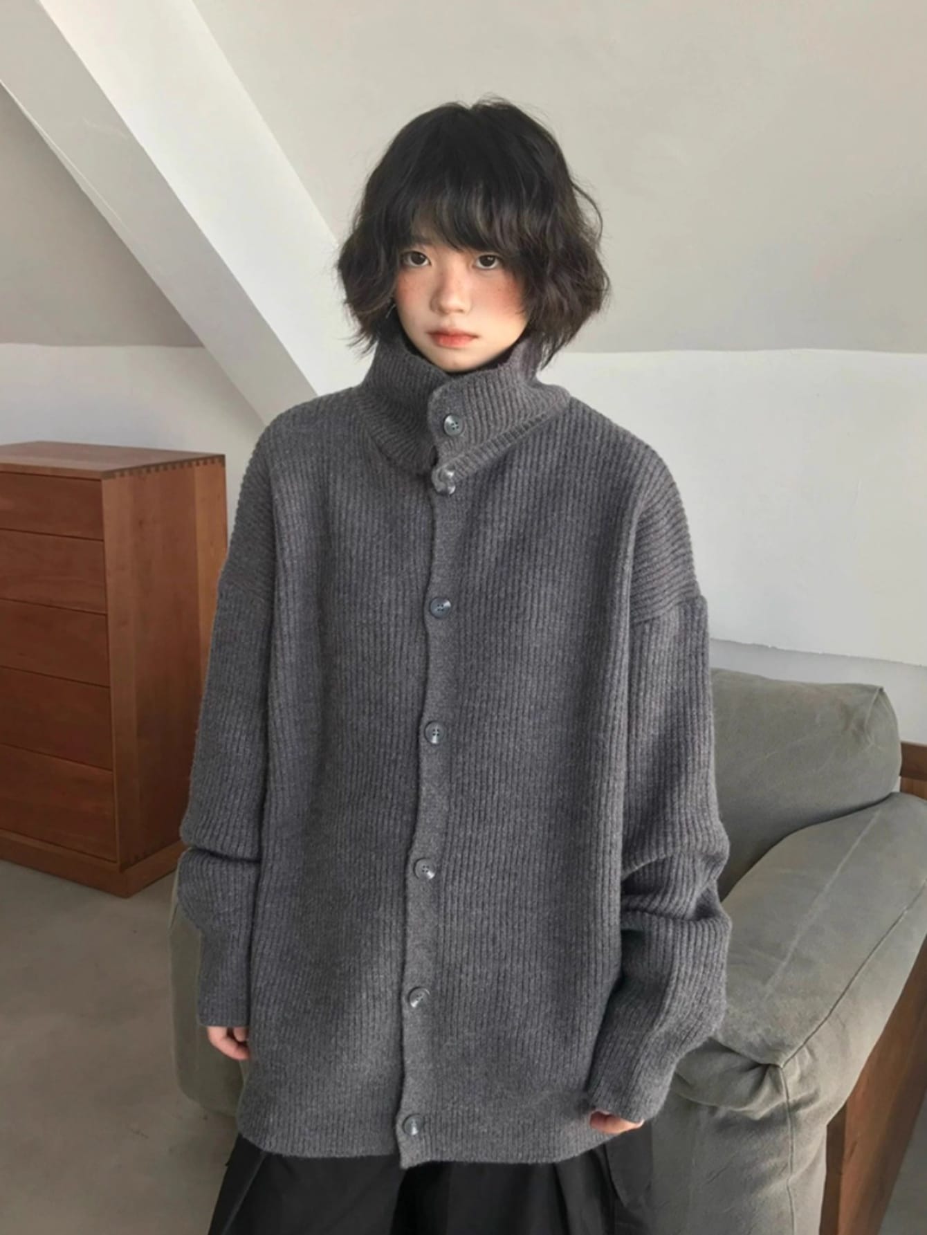 【ハイネック】カーディガン メンズ レディース ニット セーター 畦編み ビッグシルエット オーバーサイズ 厚手 スタンドカラー 長袖 ゆる カジュアル ストリート 男女兼用 ユニセックス ペアルック カップル 秋冬 冬服 秋服 体型カバー 華奢見え 抜け感 リブニット