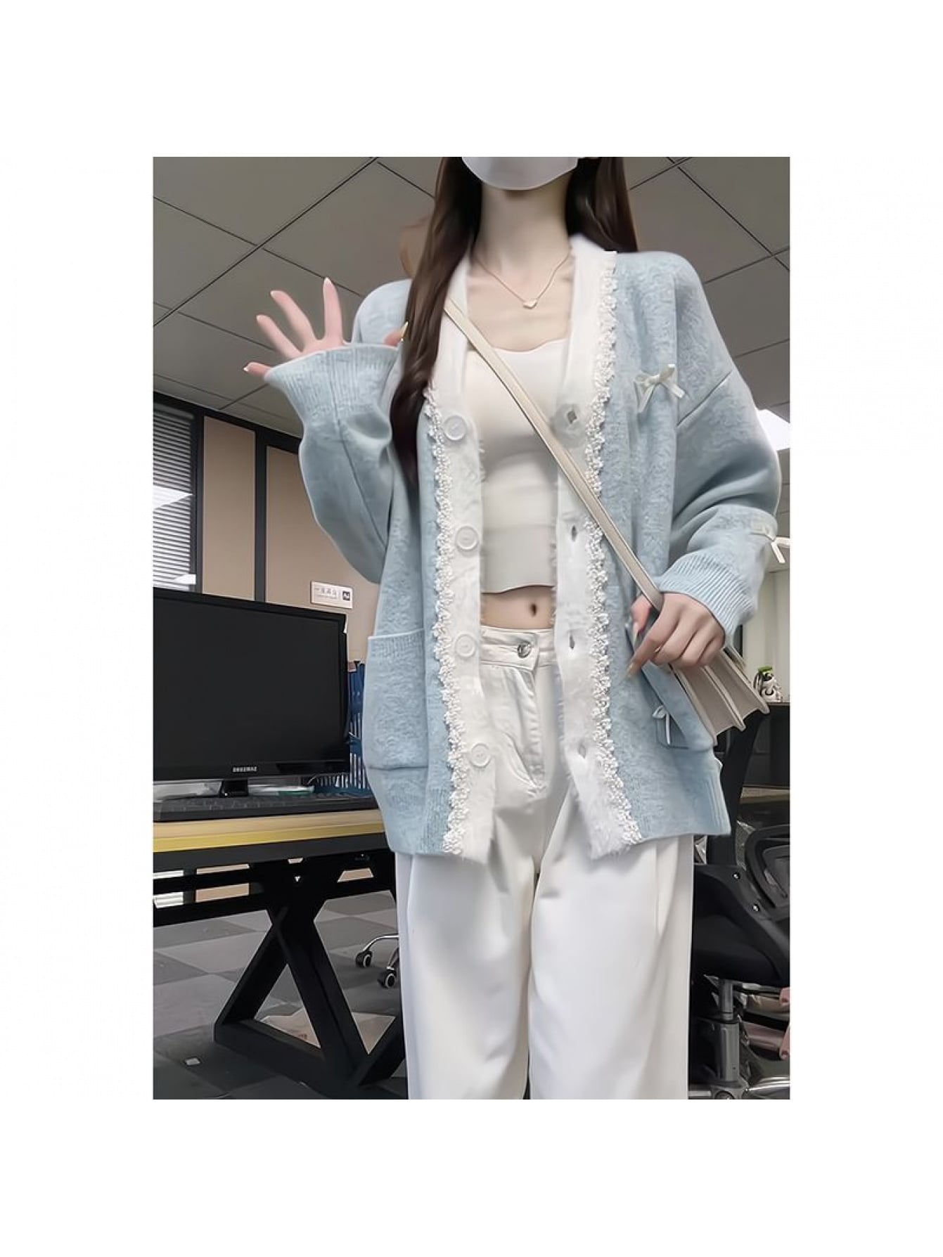 【大人可愛い】カーディガン レディース ニットカーディガン ニット 羽織り トップス Ｖネック 前開き 長袖 リボン レース フリル 韓国ファッション ゆったり 体型カバー お尻隠れる 着痩せ 華奢見え オーバーサイズ ビッグシルエット ポケット付 秋冬 秋 冬 春 通勤｜Yokos