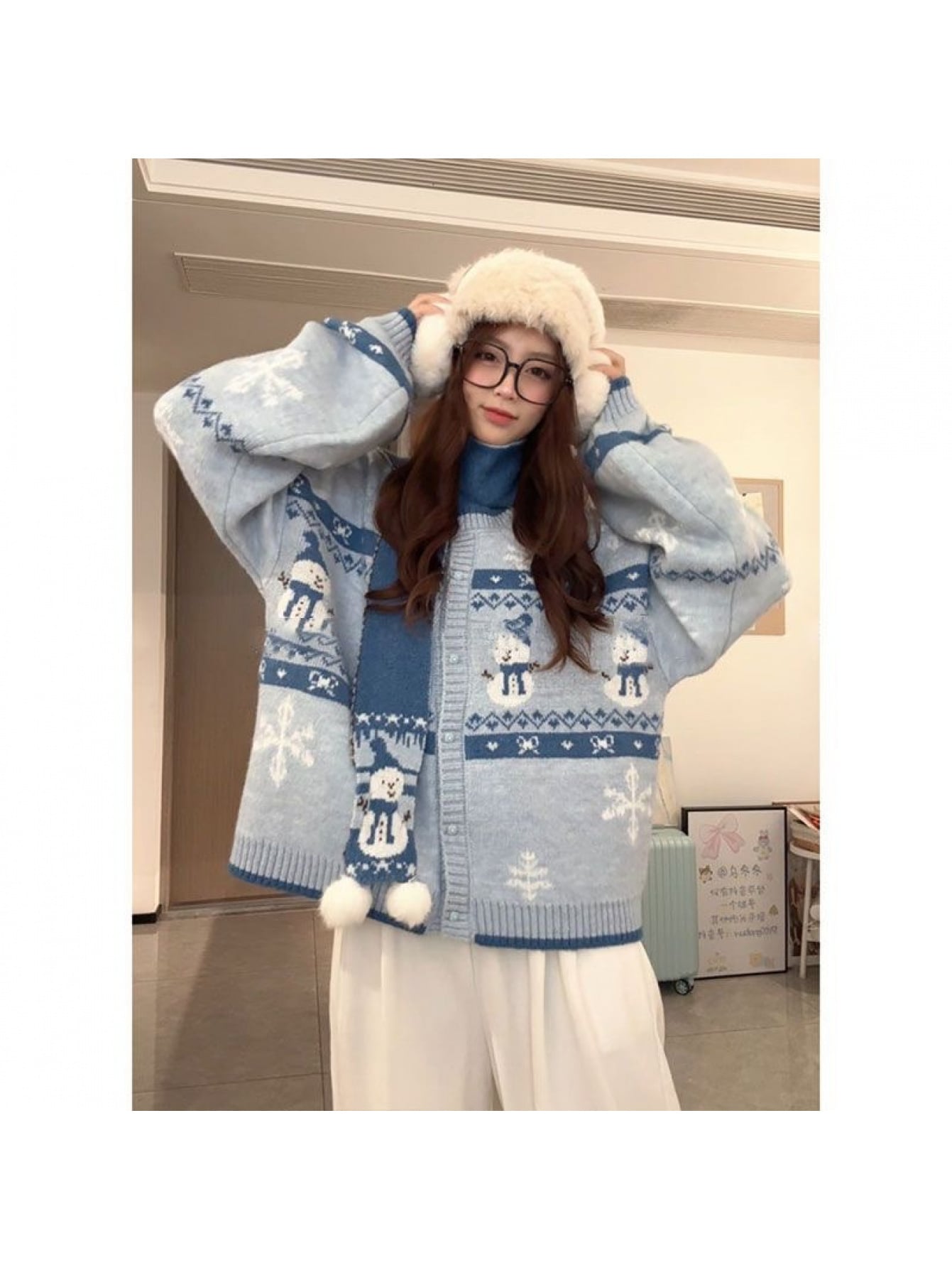 【フェアアイル柄】 カーディガン レディース 秋冬 ニットカーディガン セーター 雪だるま クルーネック 丸首 前開き 羽織り トップス 長袖 ビッグシルエット オーバーサイズ ゆったり ゆるめ ドロップショルダー 体型カバー 二の腕カバー 華奢見え 厚手 暖かい 防寒