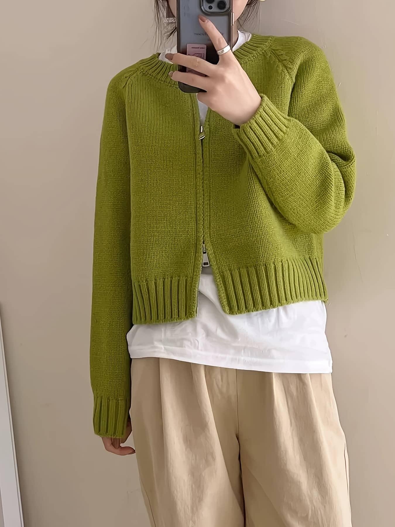 【Wジップ風】カーディガン レディース ニット ジップアップ セーター クルーネック ラウンドネック ショート丈 クロップド丈 羽織り ライトアウター 前開き 長袖 リブ トップス ゆるニット 体型カバー 着痩せ 重ね着 レイヤード オフィス 通勤 普段使い 春 秋 冬 緑