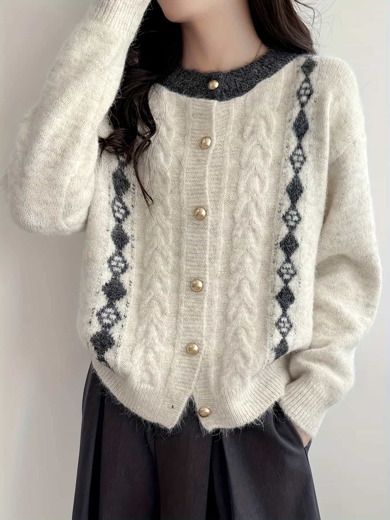 カーディガン ニット レディース 長袖 セーター レトロ アーガイル柄 前開き ボタン付き 女性 秋服 ゆったり 体型カバー アウター クルーネック 着痩せ カジュアル 通勤 オフィス 秋冬|Yokos