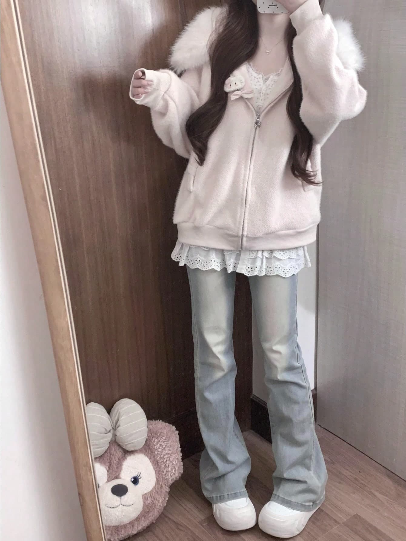 【大人可愛い】ファー付き ニット カーディガン レディース パーカー フード付き フェイクファー ジップアップ セーター アウター トップス 羽織り ゆったり オーバーサイズ ビッグシルエット 体型カバー 小顔効果 韓国ファッション 暖かい 防寒 秋冬 ピンク 萌え袖｜Yokos