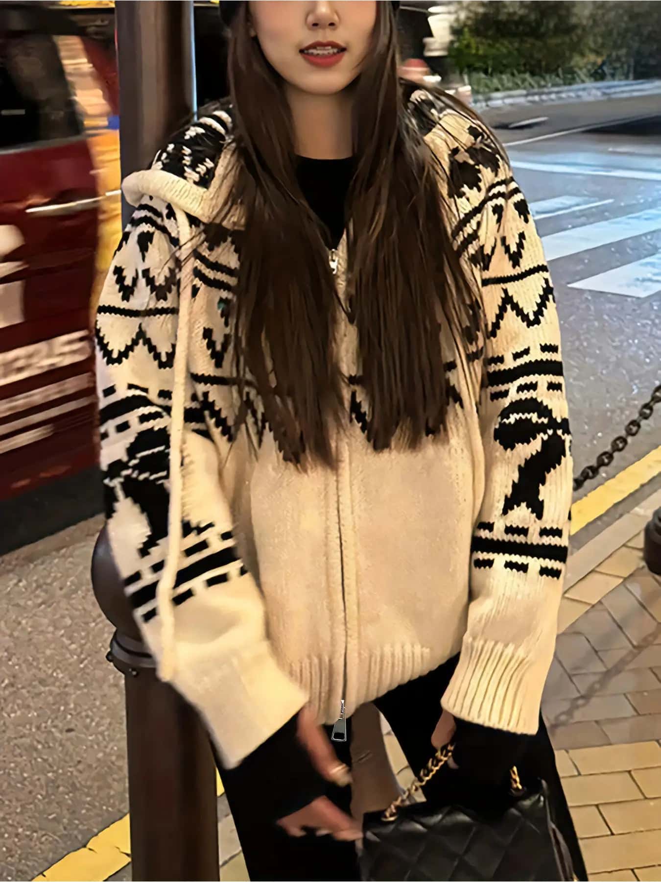 【ノルディック柄】 ニットパーカー レディース ジップアップ パーカー セーター 厚手 フード付き 羽織り カーディガン ジャガード 総柄 ビッグシルエット オーバーサイズ アウター 暖かい 防寒 秋 冬 韓国ファッション カジュアル ストリート 体型カバー 着痩せ